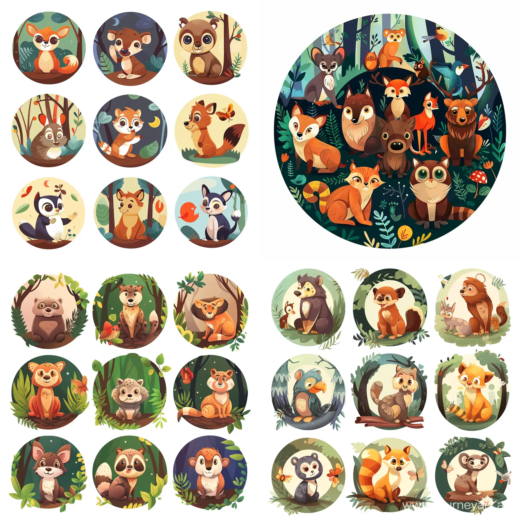 cartoon forest animals, wild animals illustration, in the style of circular shapes, matt bors, high resolution, alena aenami, charles wysocki, colorful animation stills, use of earth tones, high quality details