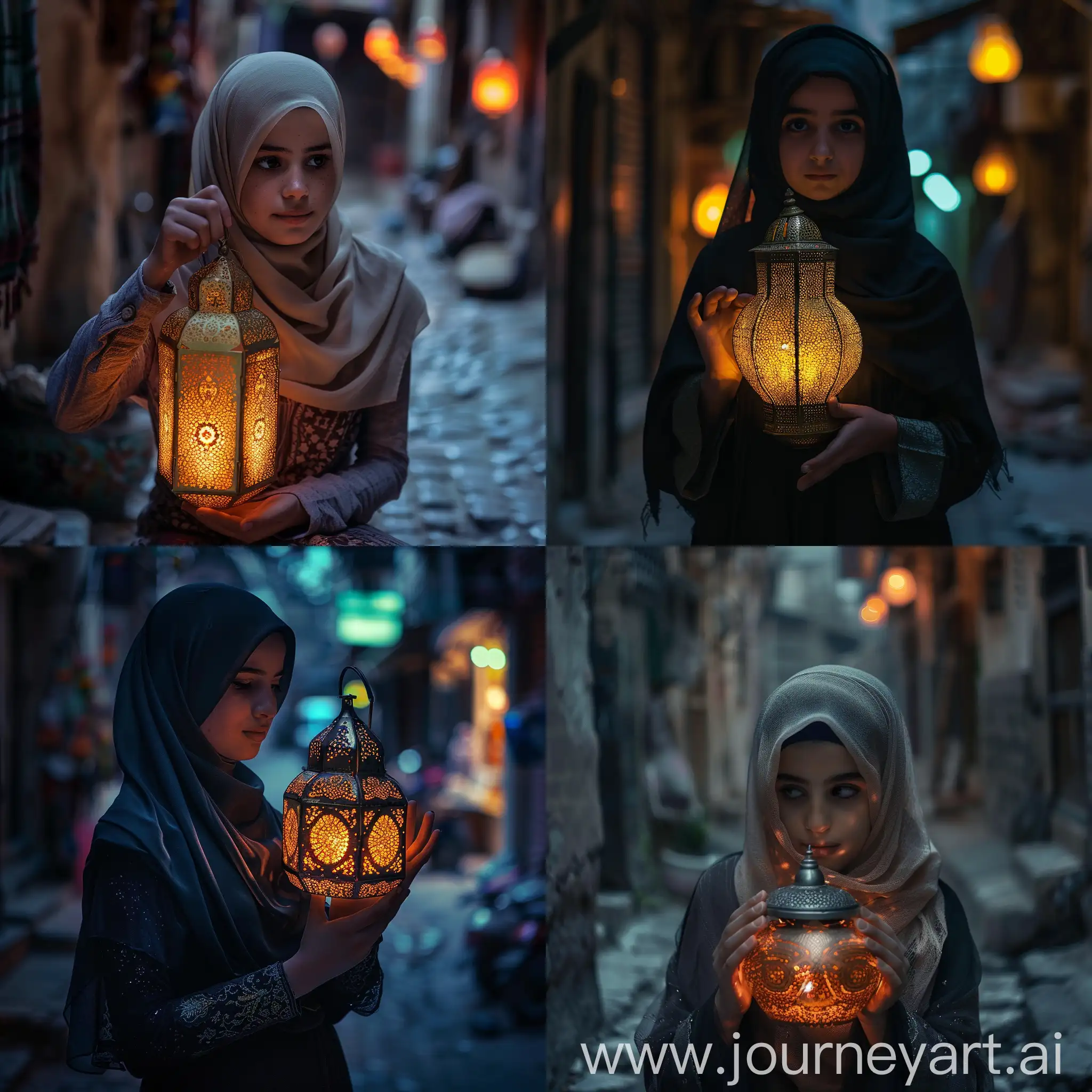 طفله ترتدي حجابها وتمسك بفانوس رمضان المضيئ في احد حارات الشام القديمه مع اجواء رمضان , Macro, shot by Nikon Z MC 105mm f/2.8 VR S,
