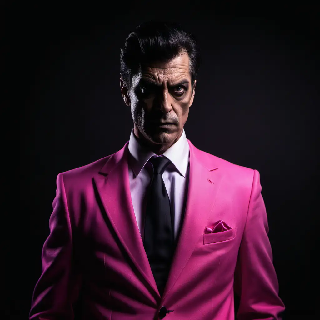Ominous man wearing pink suit, 
black background