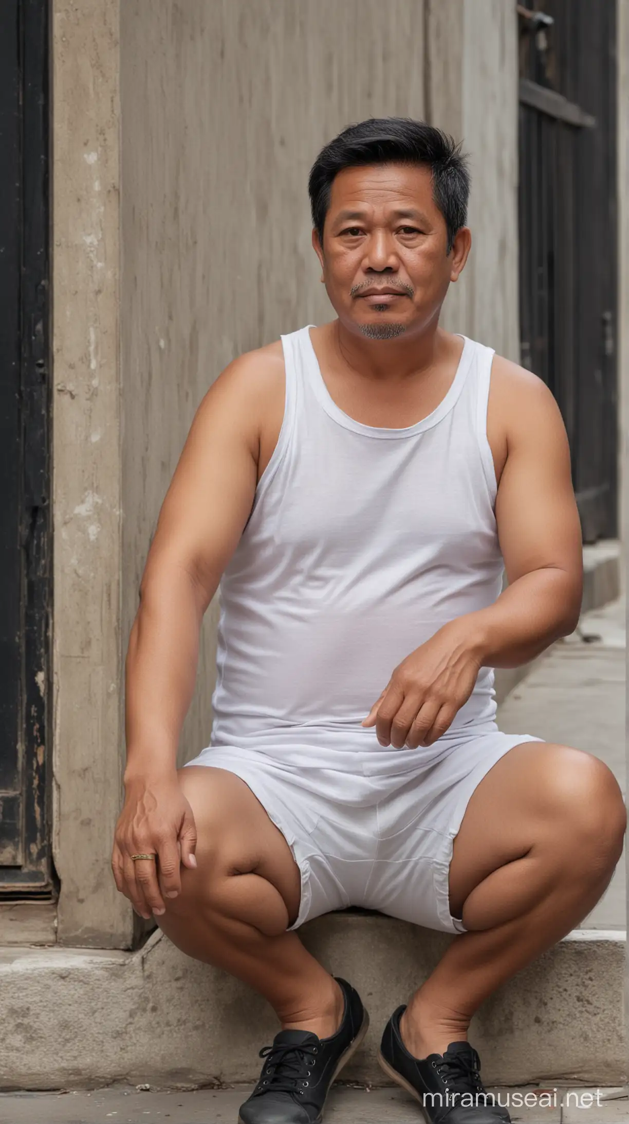 Foto realistis,bapak bapak indonesia usia 55 tahun badan gemuk,rambut hitam rapi belah tepi,memakai baju tank top putih dan celana pendek tipis,sedang duduk di jalan yang sepi,