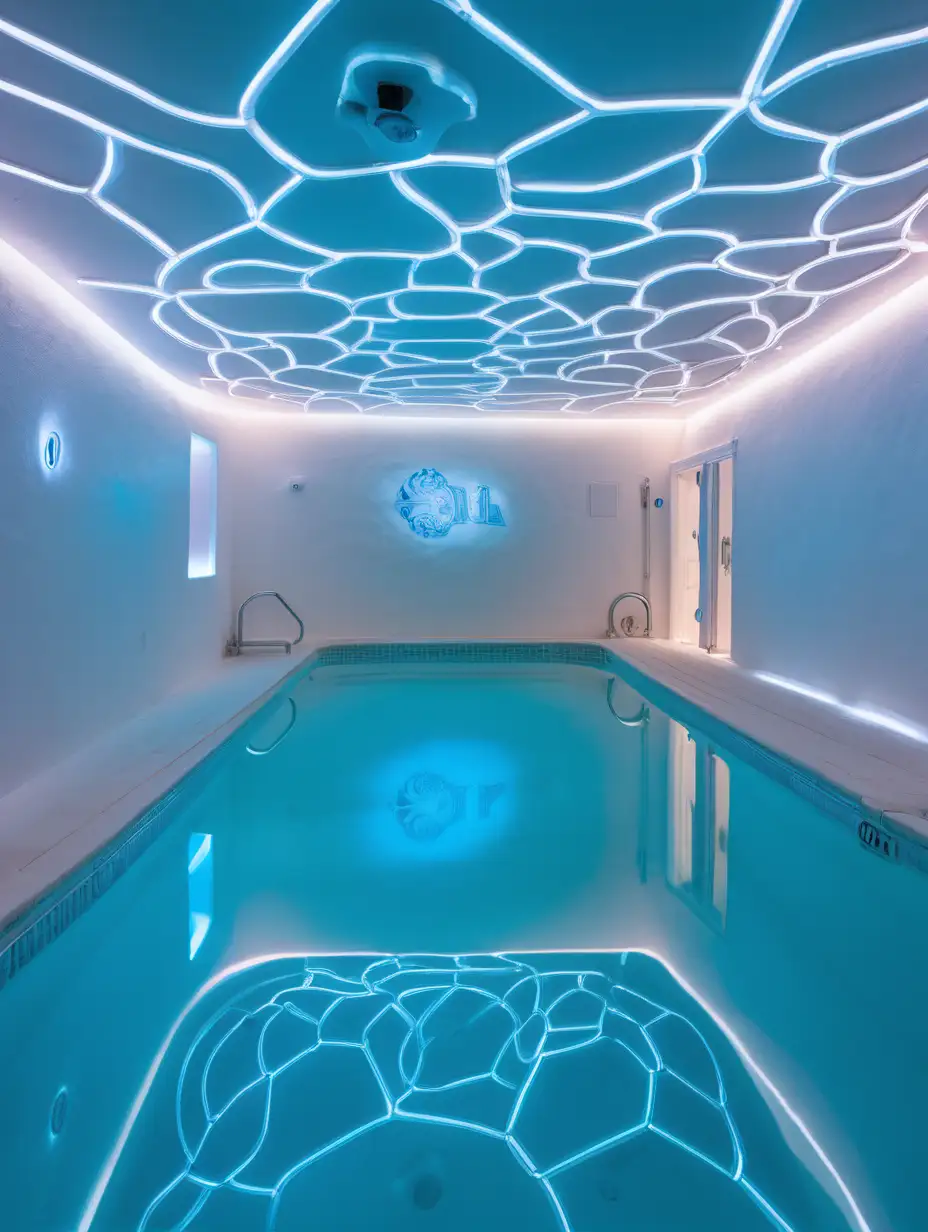 indoor basement pool full of greek yogurt. no water. very intricately and microscopically detailed. highlighting the white color. emphasizing the smooth and creaminess of the greek yogurt. the ceiling is reflected by a mirror. the room is dim with neon lights. The color scheme revolves around white. The key accessory is the greek yogurt