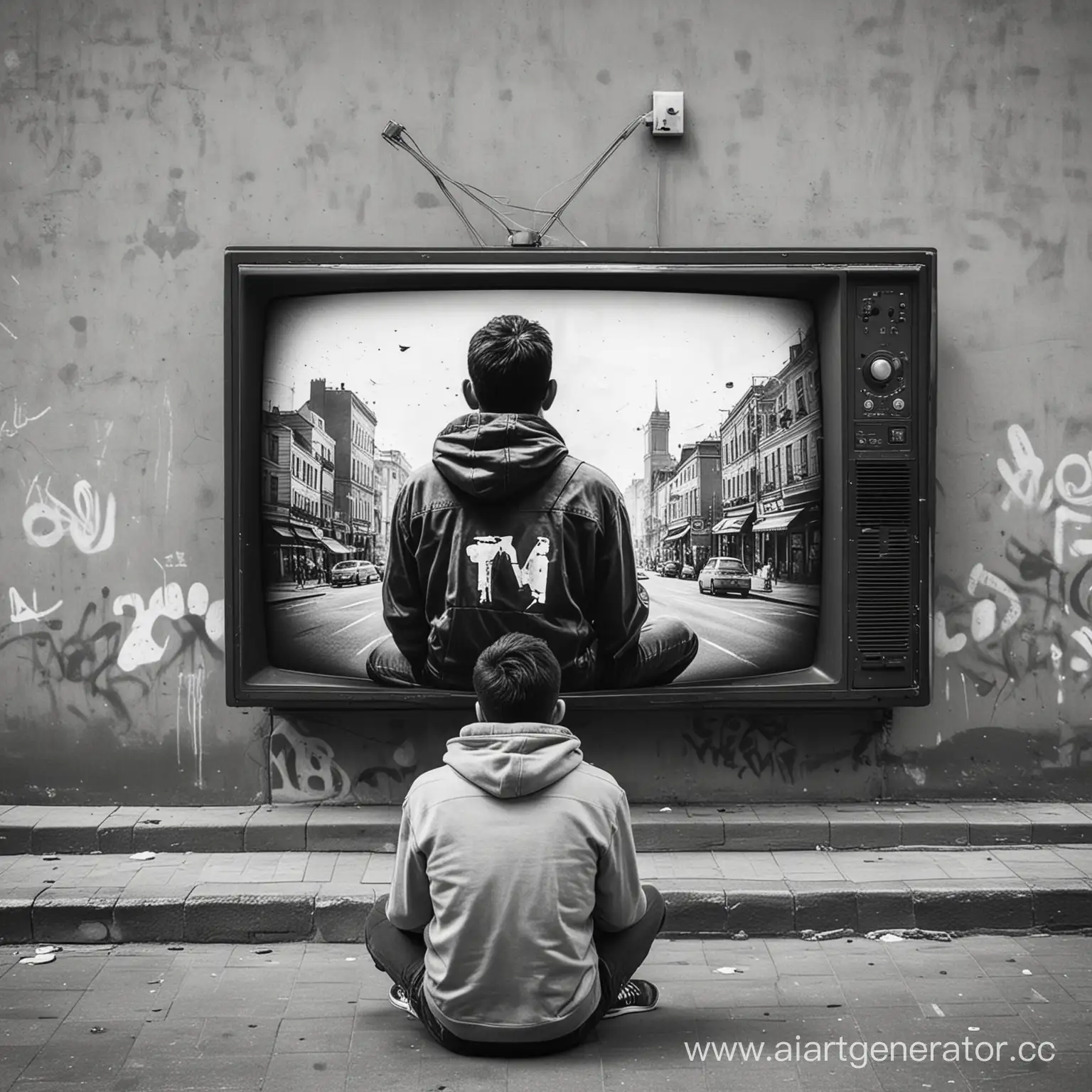 someone who sits with his back and is watching a TV screen with ilustrasion street art style