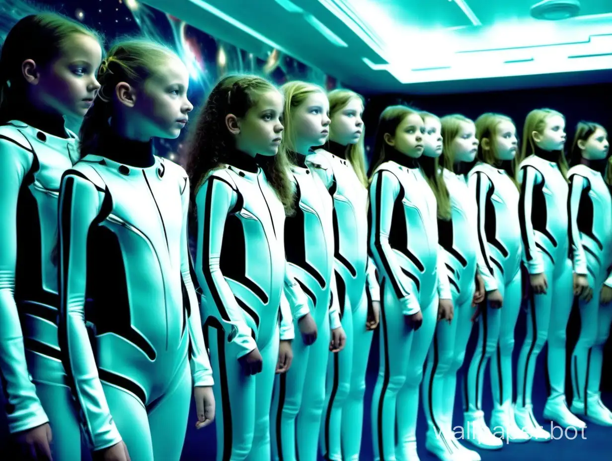 girls aged 12 are in Star Space  School Sirius cinema in full growth in wonderful bodysuits futuristic scy fiction