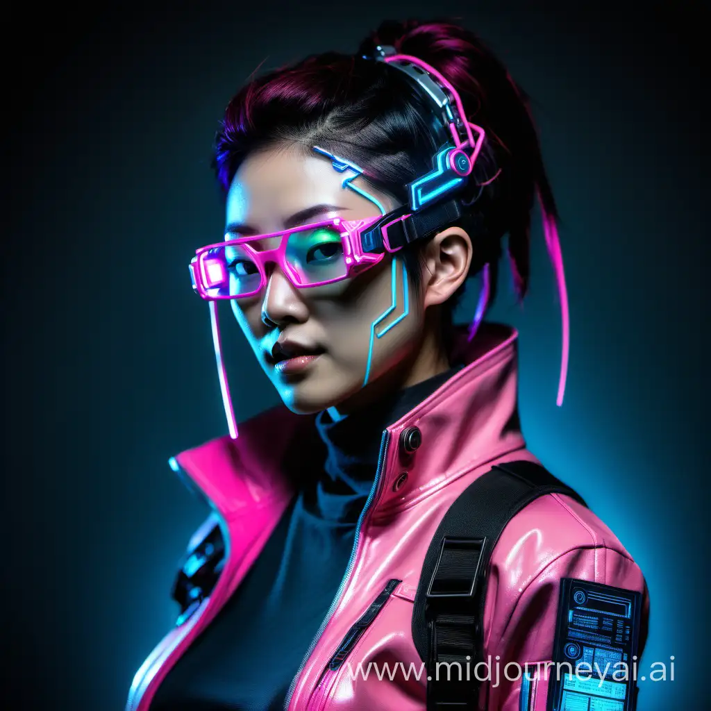 East asian cyberpunk netrunner, asia pop clothing, emp threading (faintly glowing lines following jawlineon face), techhair, chemskin, favors neon pink and blue. Also wears smartglasses or a set of custom vrtuality goggles with a pink outline. Has a cyberarm with implanted rectangular cyberdeck .