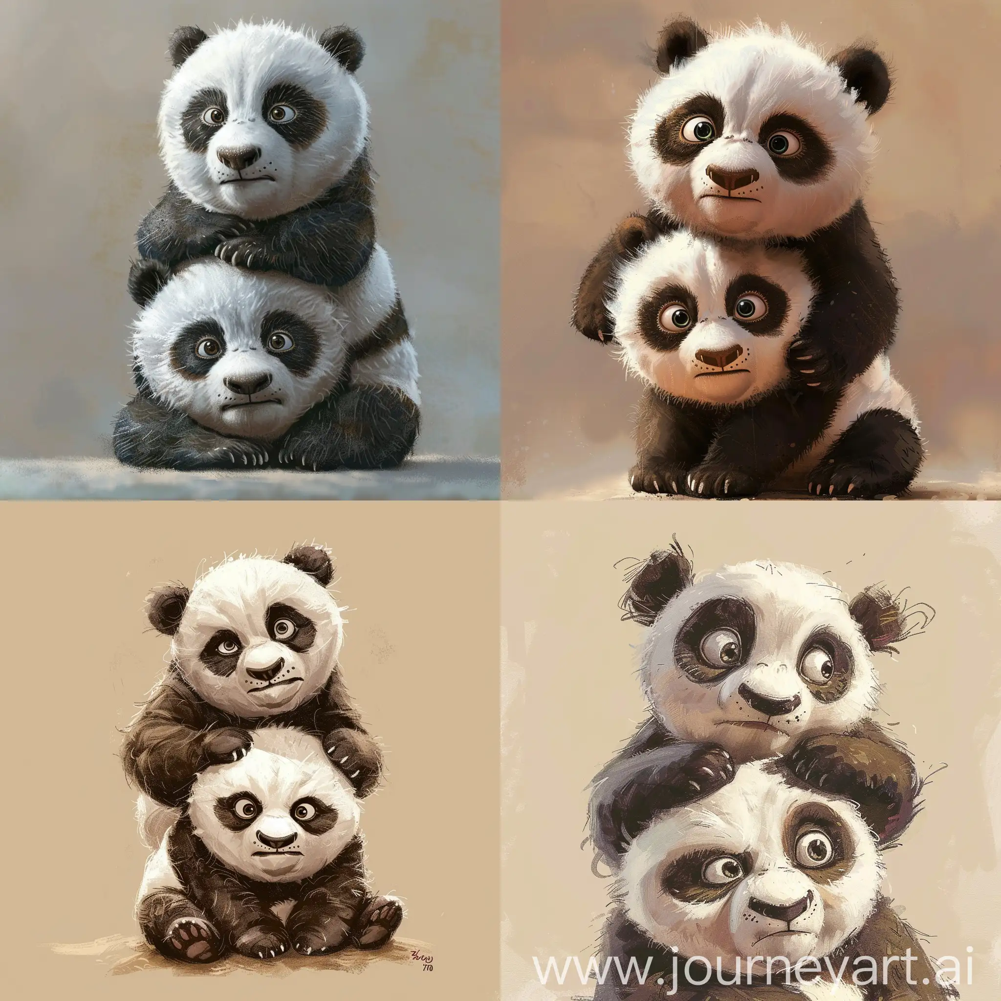 create a simple colour piece of high quality art in the style of the film 'kungfu panda' but slightly more realistic an image of two baby pandas, one sat on top of the other, the one on the bottom has a perplexed look on their face, the one on the top looks very smug.