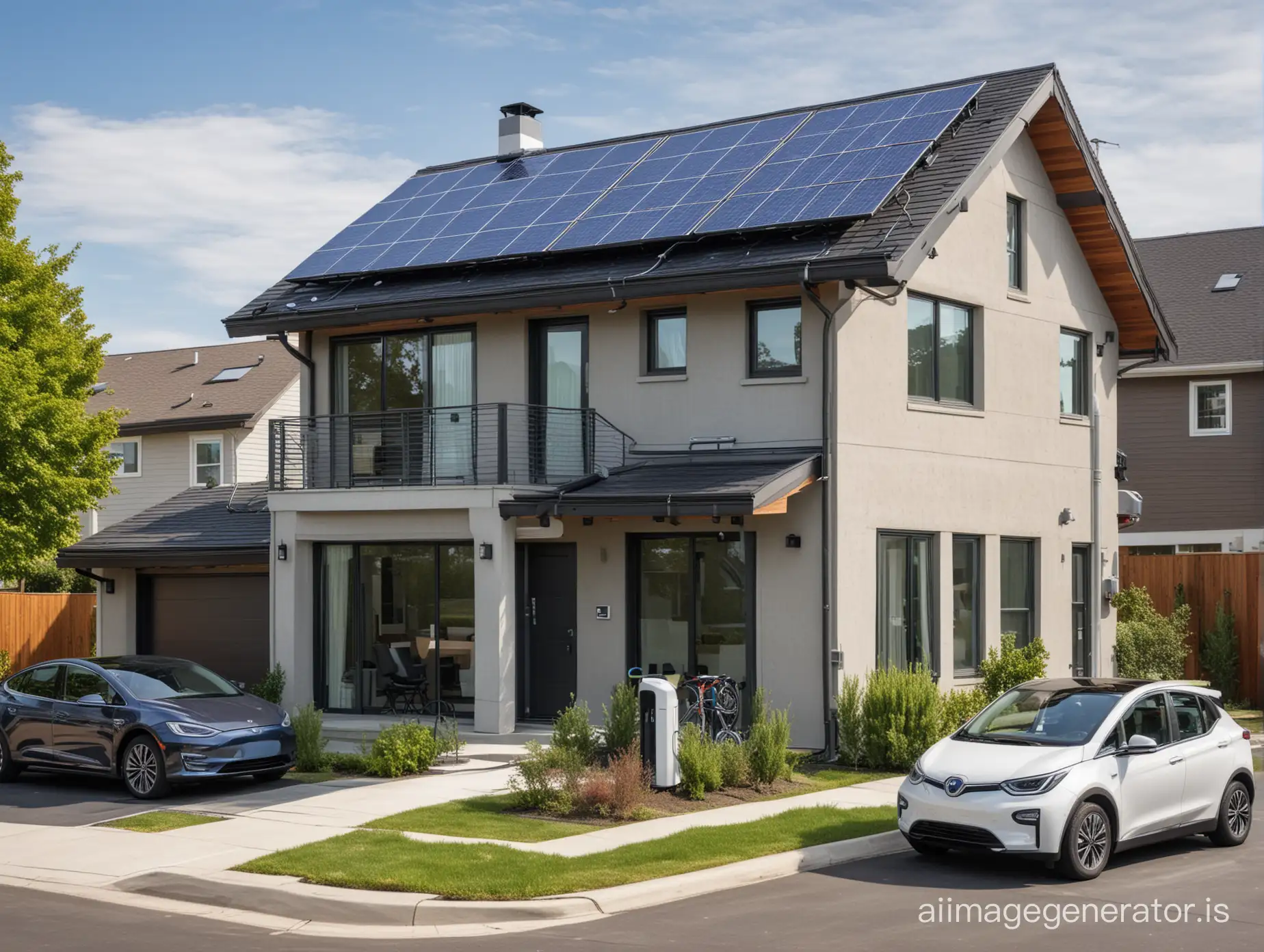 A two-story residential house with solar panels on the roof and an electric car connected to a charging station.