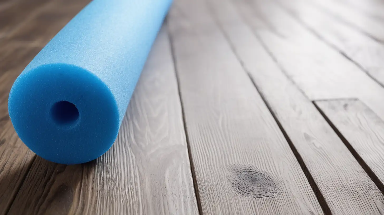 blue pool noodle with cut pieces on wood floor. Extreme close up and brigher.