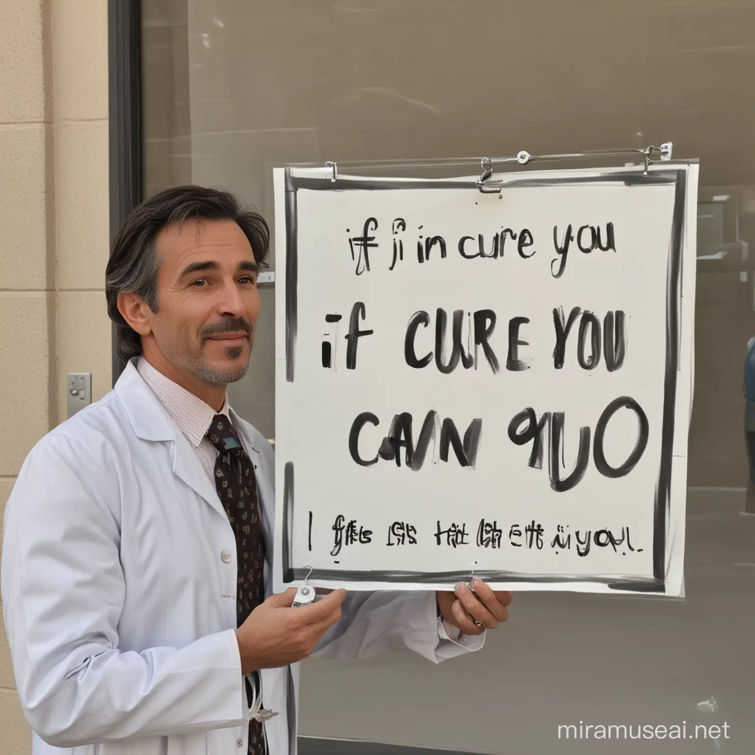 doctor puts up a sign in front of his Clinic.
The sign reads, if I can cure you, I get $20. If I can't cure you, I pay you $100.