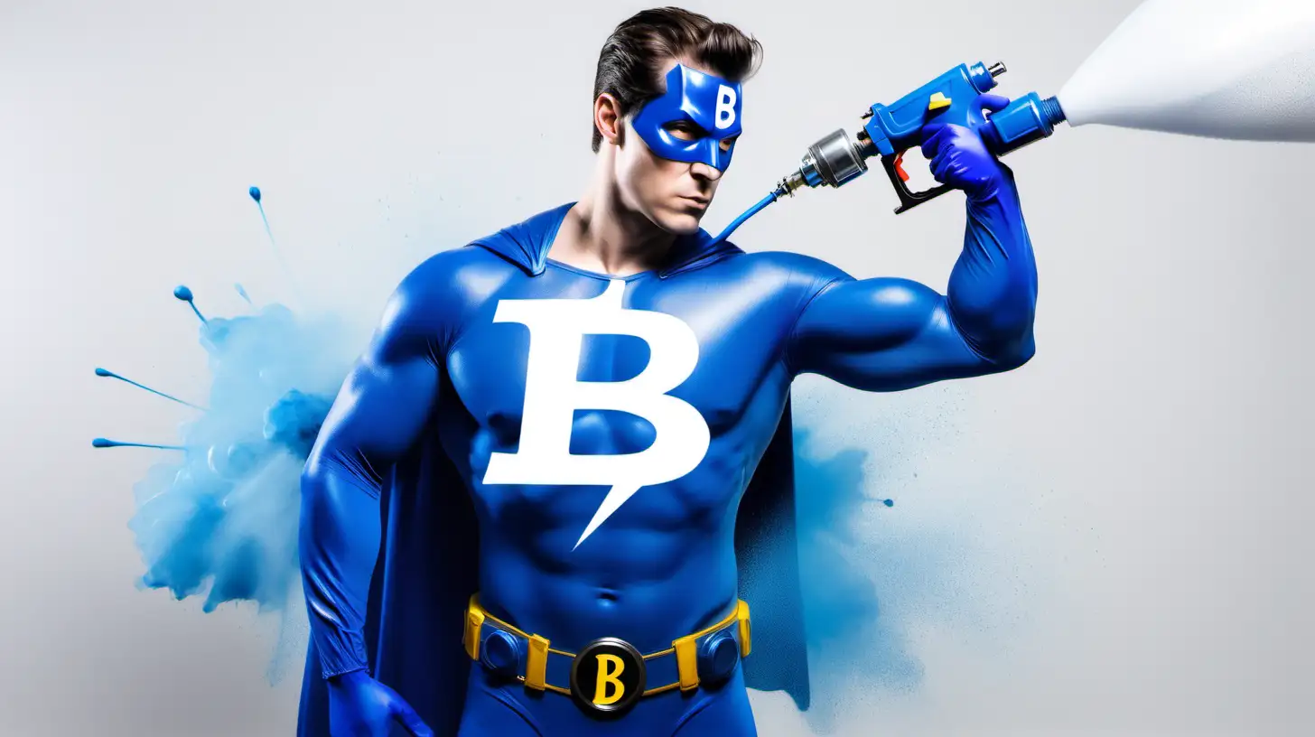 Male Superhero Spraying Blue Paint on Car with B Emblem