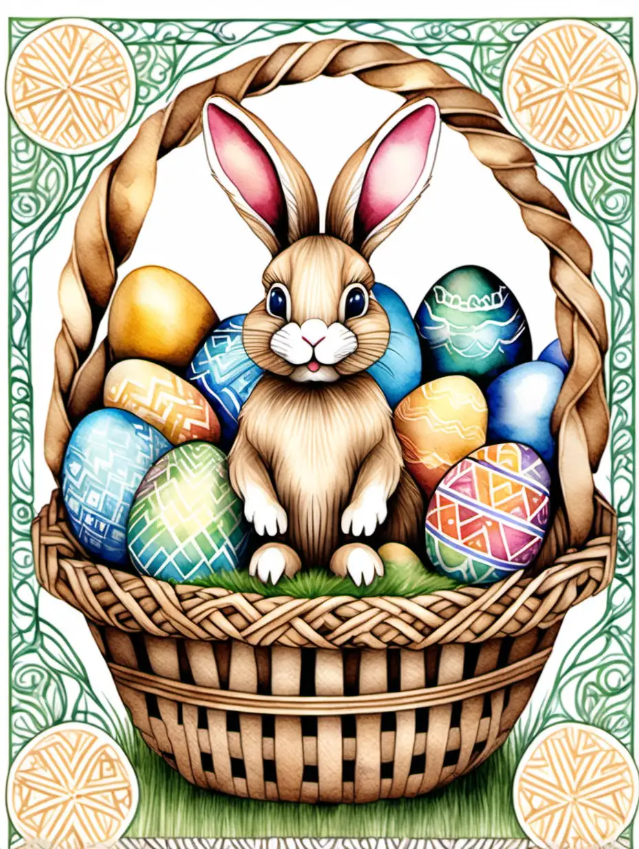 Create a festive Easter display with a bunny in a basket surrounded by eggs painted with intricate geometric patterns. The watercolor style should highlight the precision and symmetry of the patterns, adding a touch of elegance to the scene.