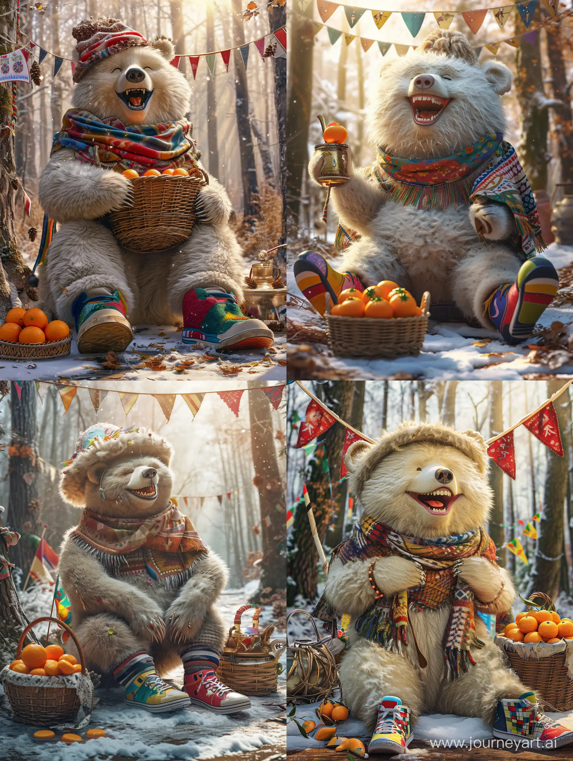Russian-Bear-Singing-at-Snowy-Forest-Fair-with-Mandarins