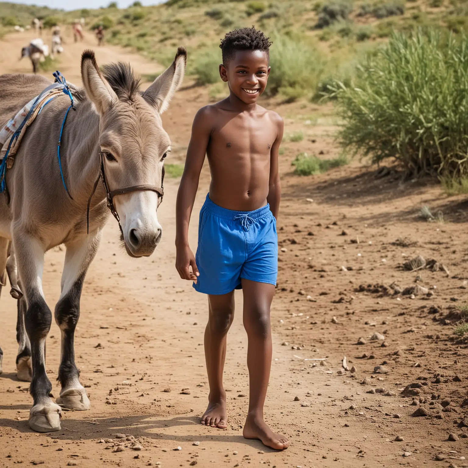  shirtless black boy barefoot with blue short on a donkey