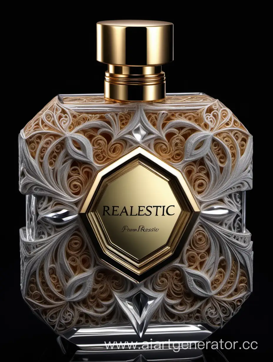 realestic perfume , photography, close-up, hyper detailed, trending on artstation, sharp focus, studio photo, intricate details, highly detailed, on blackground