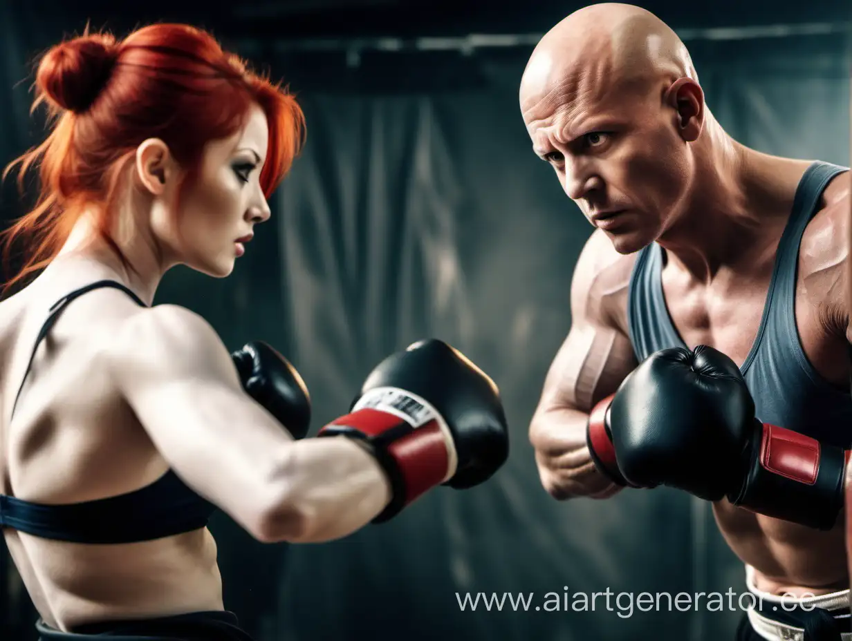 Athletic-Bald-Man-Observing-RedHaired-Kickboxer-in-Action