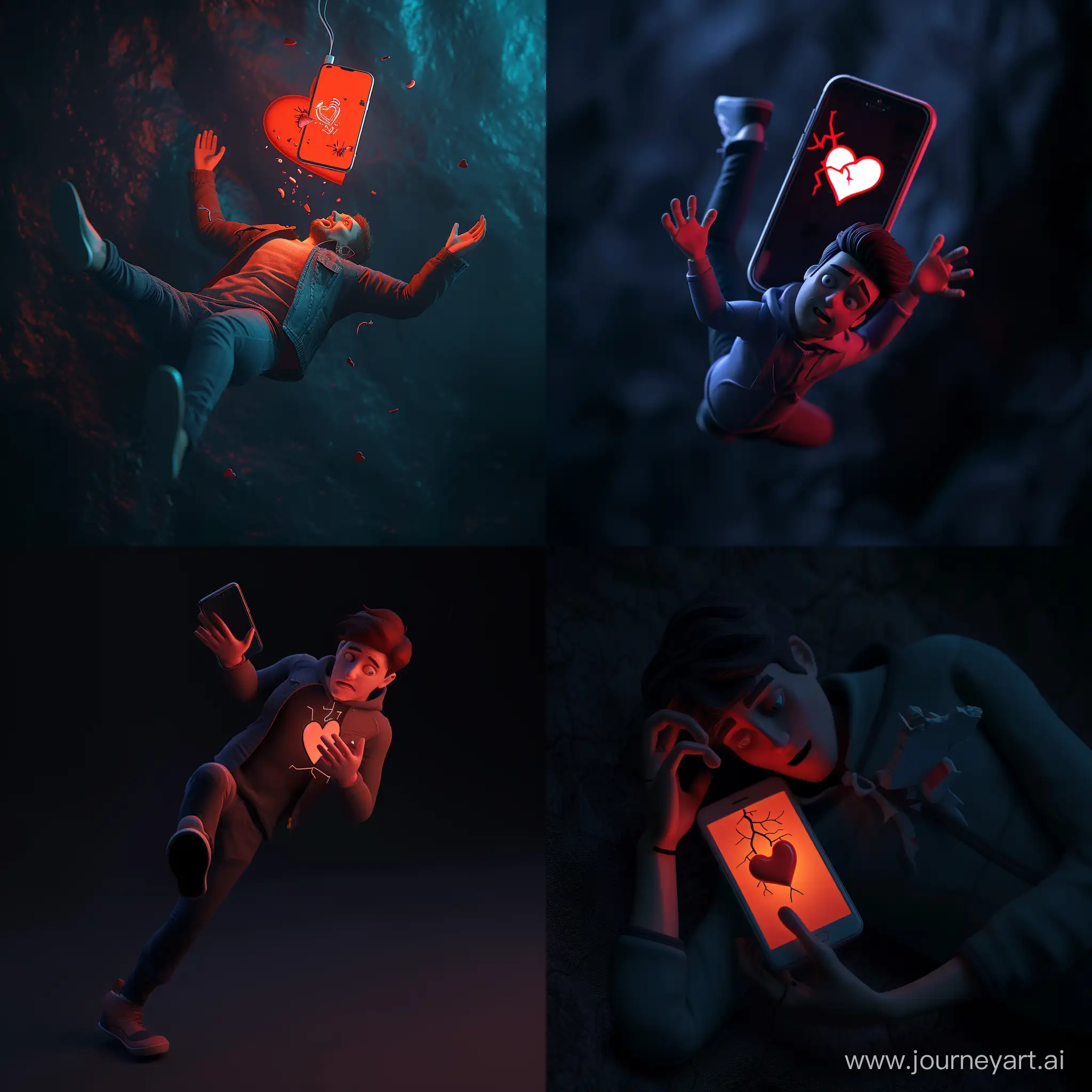 The guy falls into the darkness and drops the phone with a broken heart, 3d, dark style
