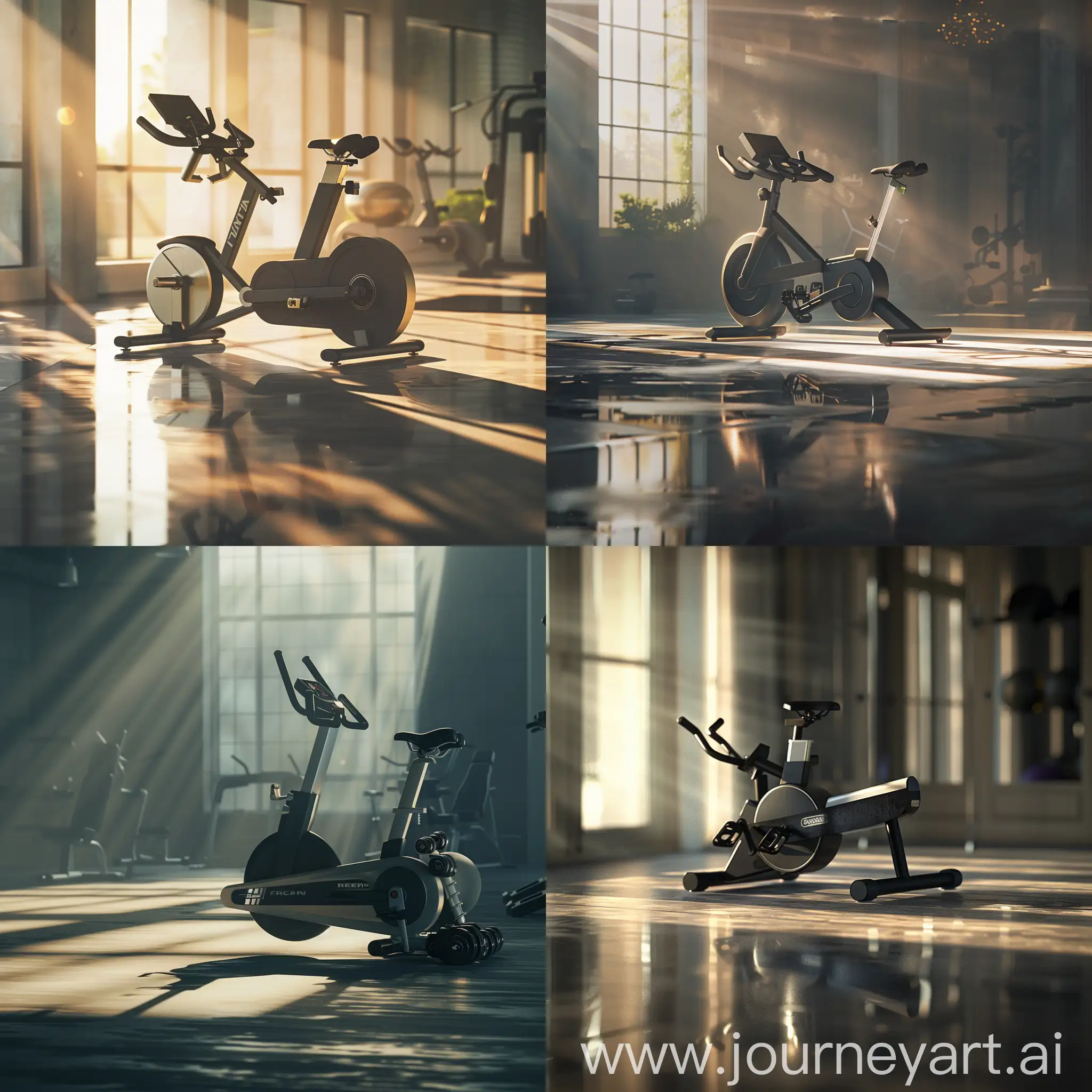 A banner image of a fitness equipment advertisement, a commercial gym scene placed on the gym floor, with sunlight shining in from the left. The entire scene is shrouded in advanced dark light and shadow, with the main body being a fitness bike. Natural reflection photography, two-point perspective, clean, simple, and open, rendered in Cinema4D, realistic details, movie lighting, 8k