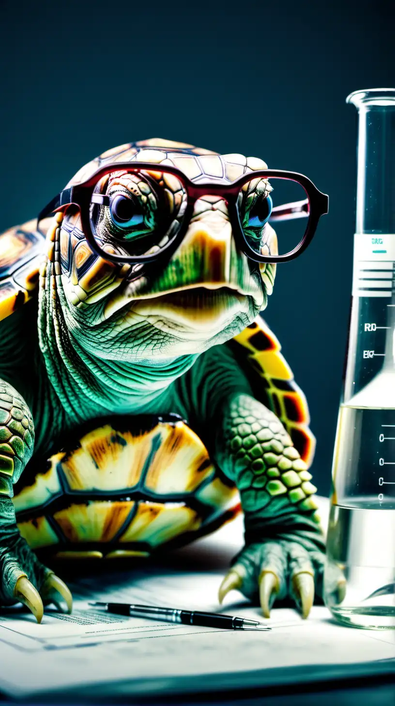 Черепаха в в очках в лаборатории проводит исследования 