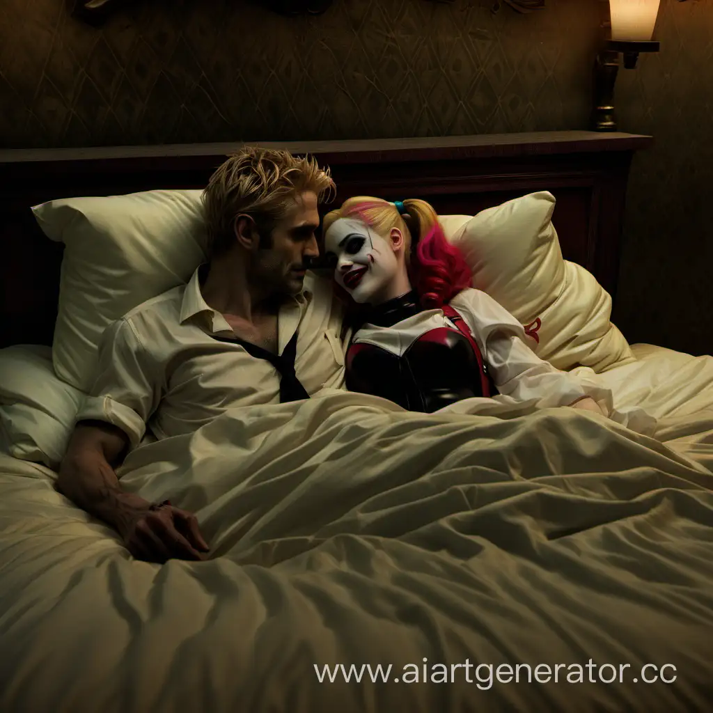 John Constantine with Harley Quinn love bed