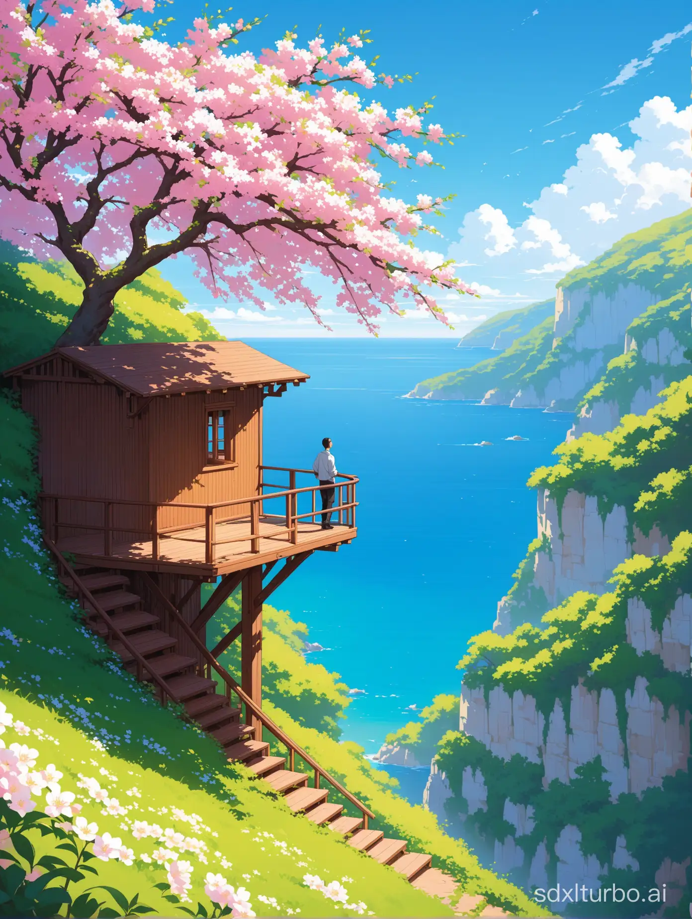  peaceful cliffside scene with a lush, blooming tree as the focal point. There should be a wooden structure with stairs leading down, and a person contemplating the clear blue sky.