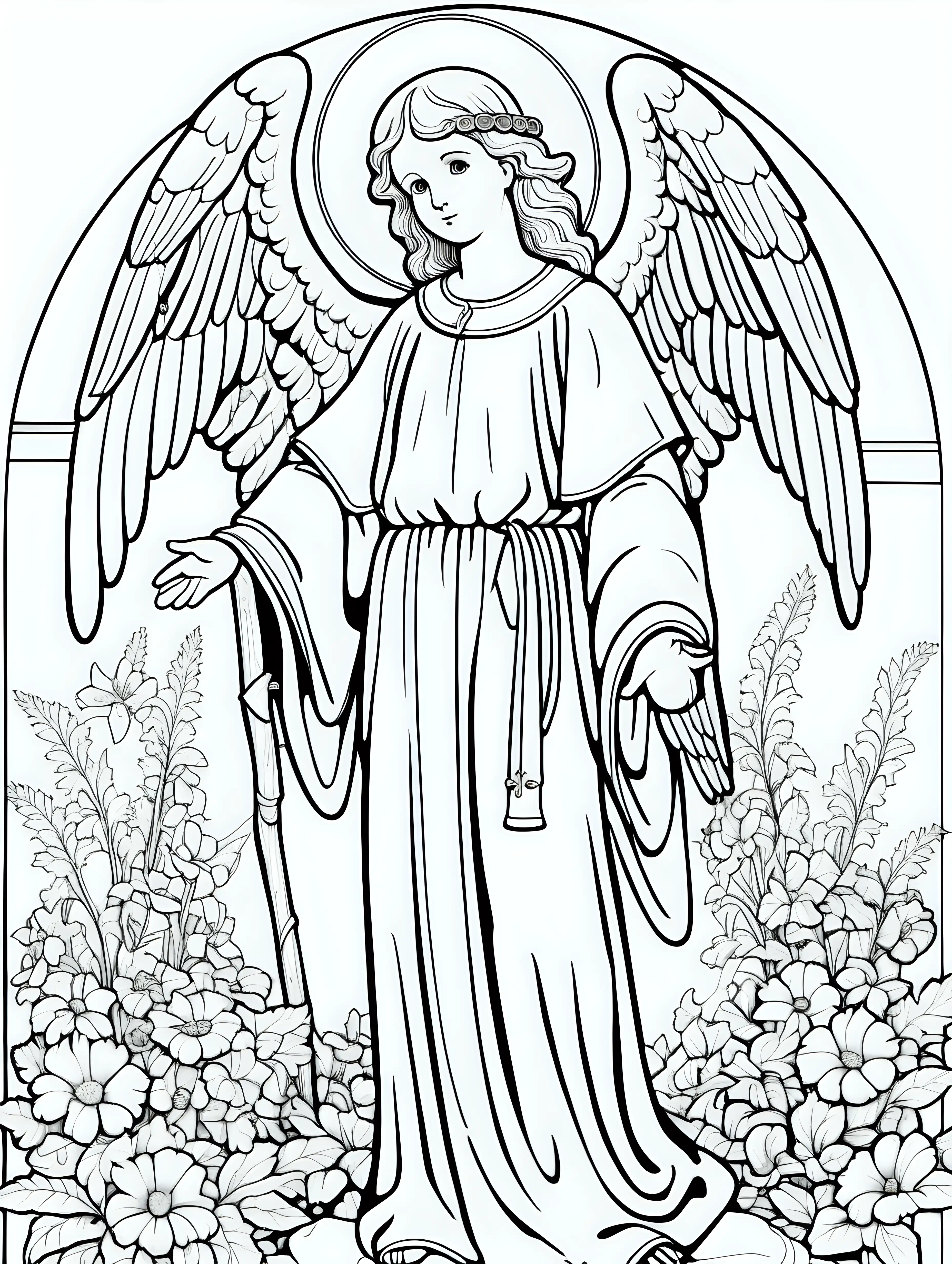 Catholic Garden Angel Coloring Page Cartoon Style with Thin Lines and Minimal Details