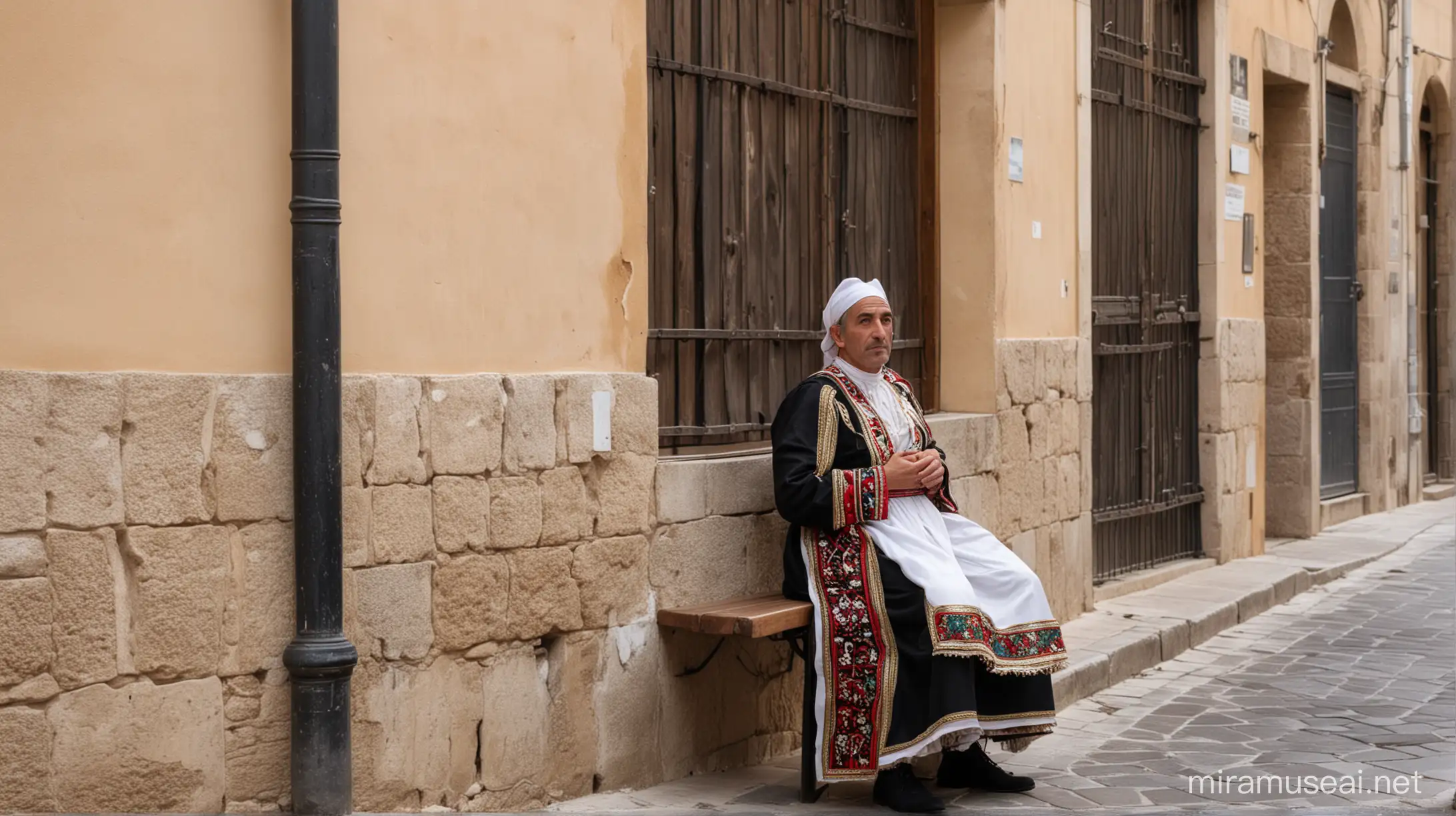 Christian Solinas Wearing Traditional Sardinian Costume on Bench in Cagliari Street