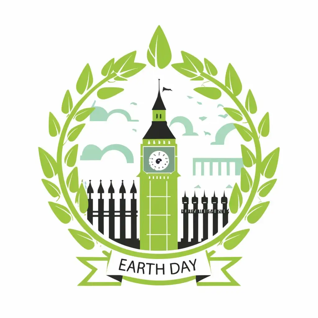 a logo design,with the text "Earth Day", main symbol:In the center, you could have a simplified outline of a London landmark like Big Ben or Tower Bridge.
Surrounding the landmark, incorporate stylized green leaves or a globe to represent Earth.,Moderate,be used in Internet industry,clear background