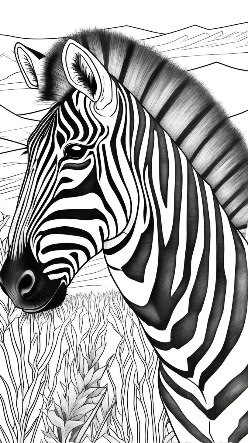 coloring page for adults, Zebra, in Africa, low detail, no shade