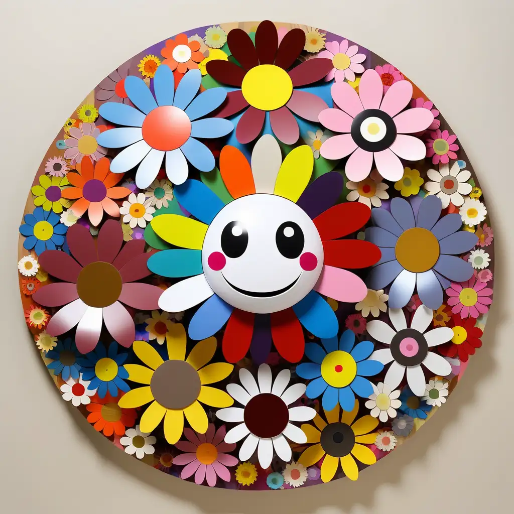 create a takashi murakami inspired zodiac wheel designed out of flowers characteristic of murakami's style