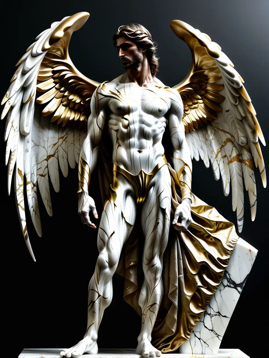 angelcore, Peter Sagan, wind, muscular, dramatic, dynamic, kinetic, carved, white marmor with gold patina, long slim loincloth, enormous wings, all white marmor with dramatic cracks
