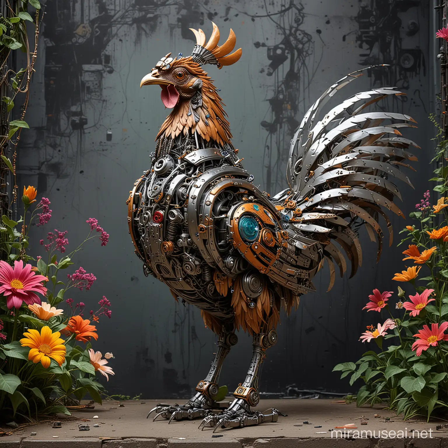 A captivating photo of an exquisitely designed chicken robot, displaying its intricate mechanical beauty. The robot is meticulously crafted from various metals, showcasing screws, pistons, and wires that contribute to its realistic and industrial aesthetic. The mechanical bird is artistically decorated with vibrant flowers and vines, creating a striking contrast between its metallic structure and organic embellishments. The background features a lively, graffiti-style mural that seamlessly complements the robot's unique design. Together, they create a mesmerizing blend of realism and whimsy, drawing the viewer into a world of imagination and wonder., graffiti, photo