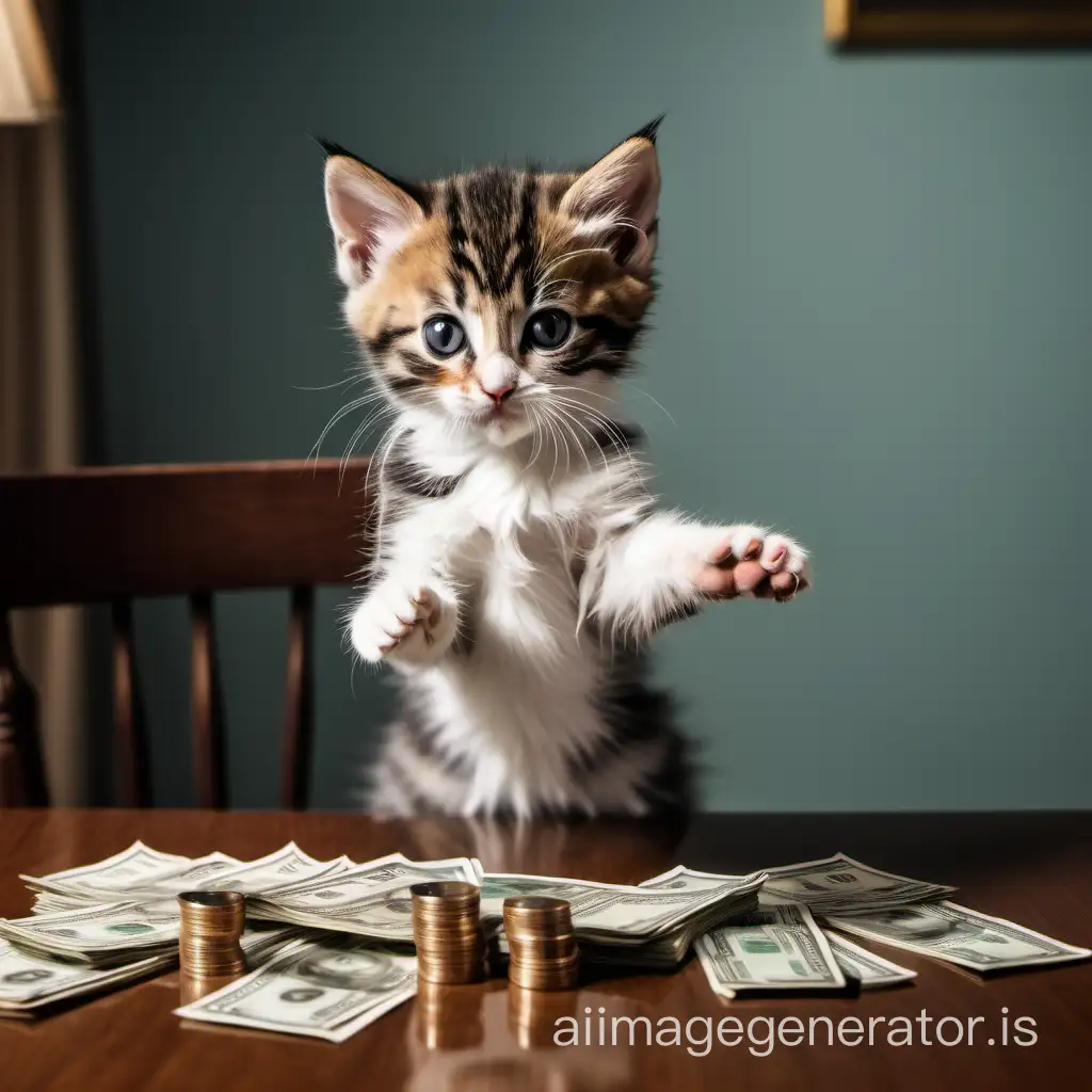 котик стоит на задних лапках, разведя свои передние лапки, с жалобным умоляющим взглядом смотрит на вас, просит зарплату, который сидит за столом,  пересчитывает деньги