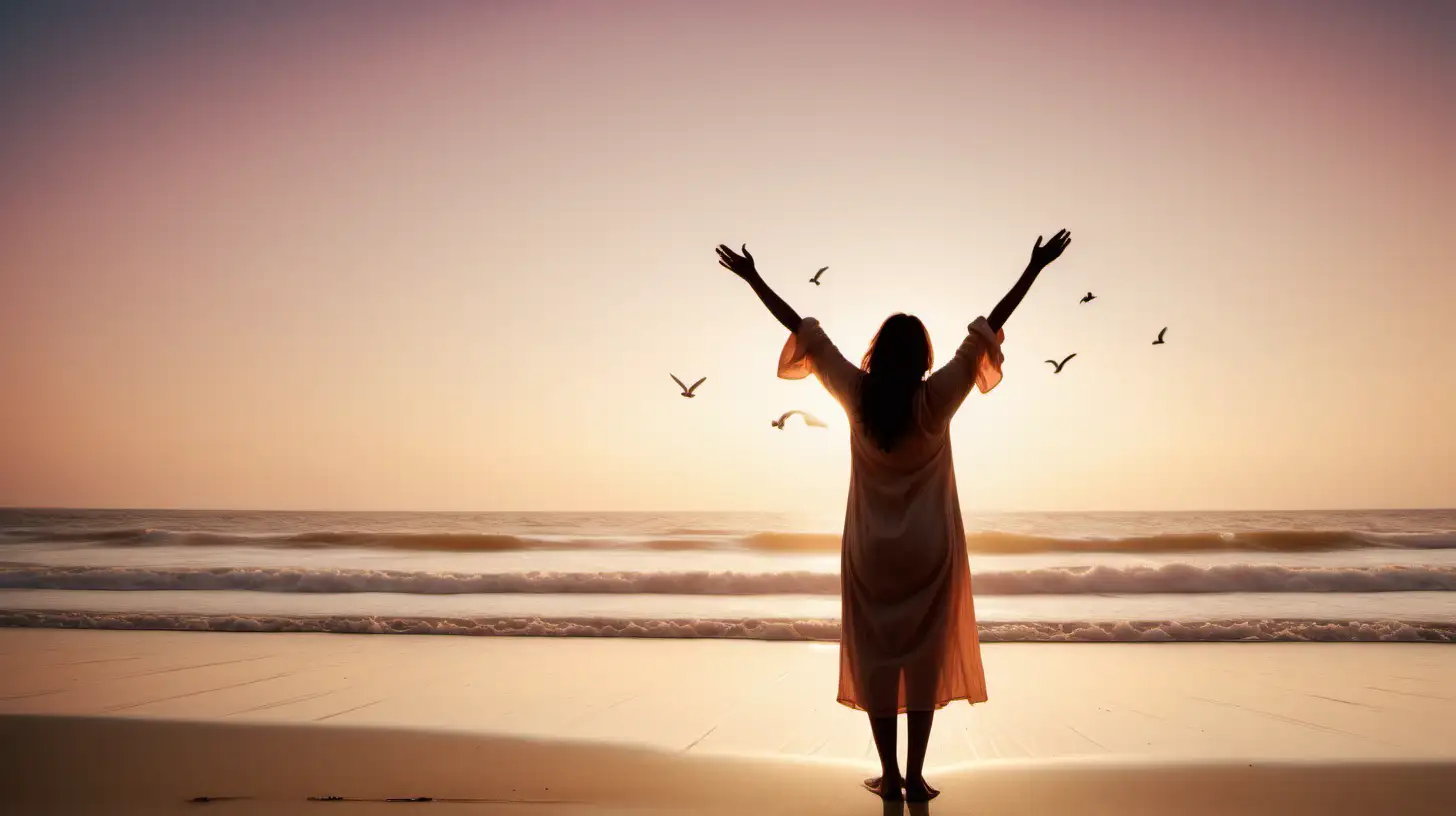 Florida Sunrise Beach Meditation Woman in Flowing Attire Embracing the Morning Sun