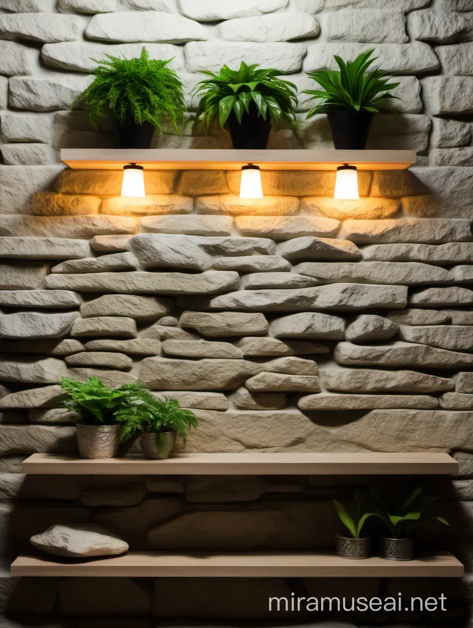 Urban Interior Decor Stone Wall with Lamps Shelf and Green Plants