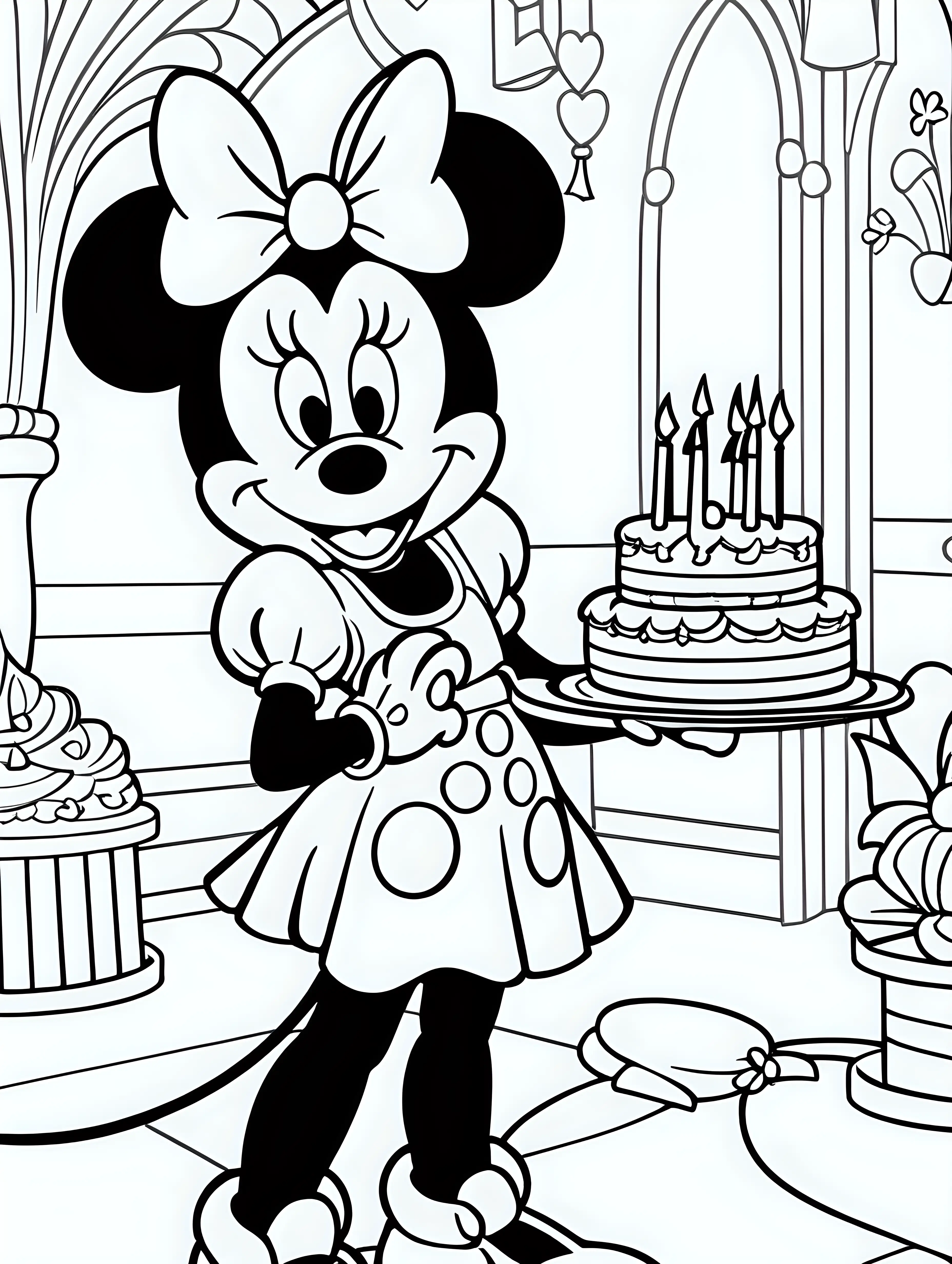 black and white, coloring page, clear defined dark lines and line border, no shadows, no greying, without the use of shadows or any form of graying. Emphasize clean lines, distinct shapes, and solid, non-gradient fills to maintain a simplistic and high-contrast appearance suitable for coloring, white areas, white background, Minnie Mouse celebrating a Minnie themed birthday party at Disneyland with her friends, ar--9:11