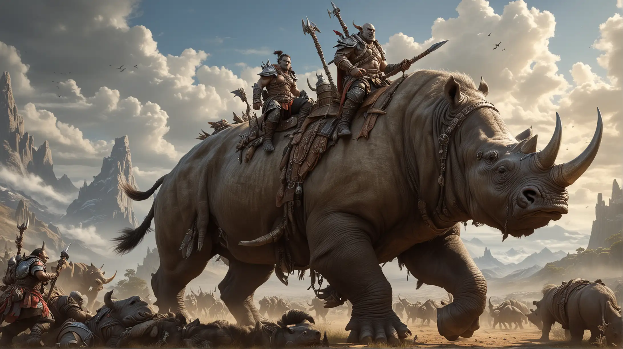 Orc war leader atop of very large boar with some rhino features as a mount, high fantasy, large tusks