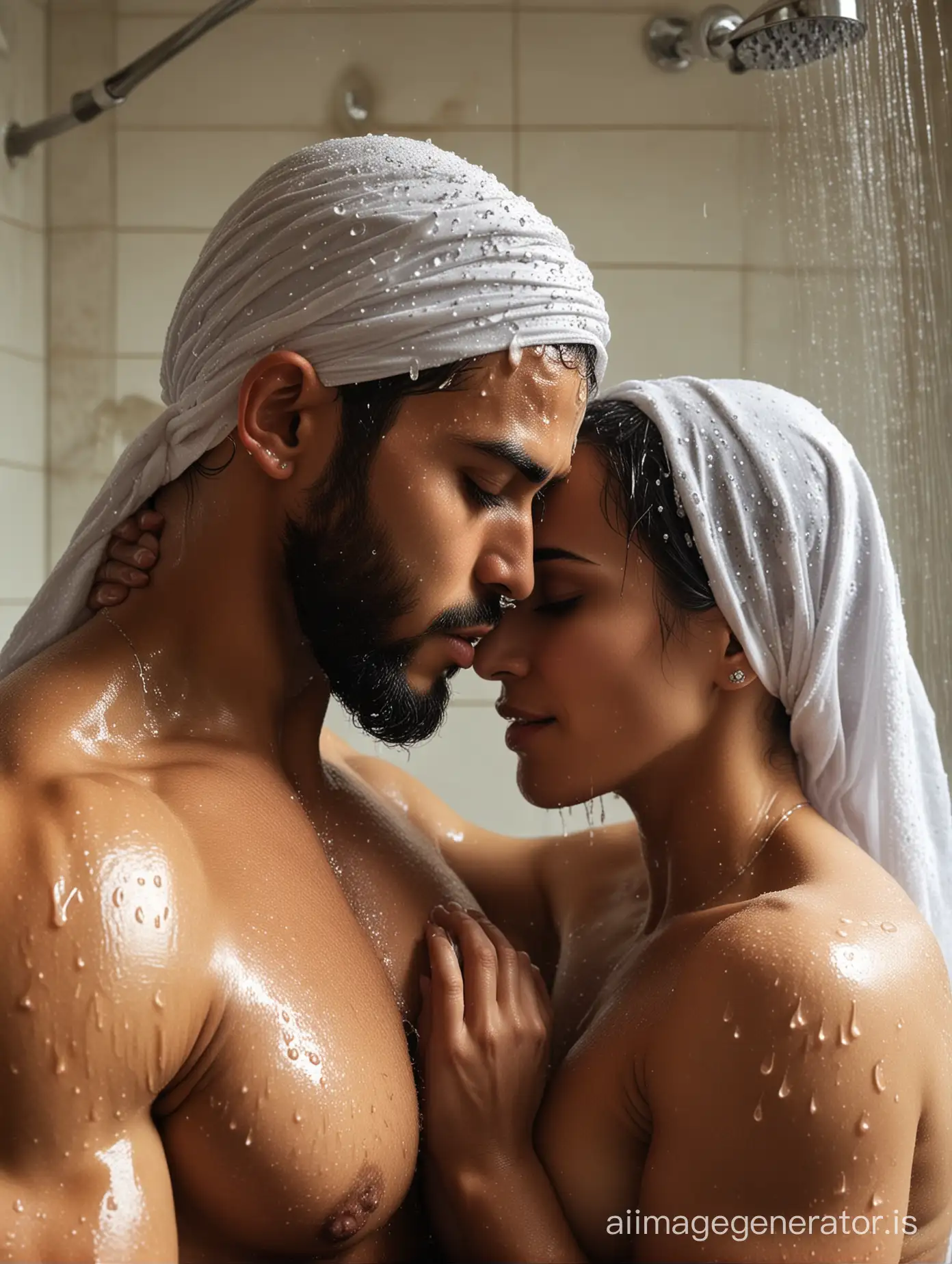 Interfaith-Love-Christian-Male-and-Muslim-Female-Bodybuilders-Embrace-in-Luxurious-Shower
