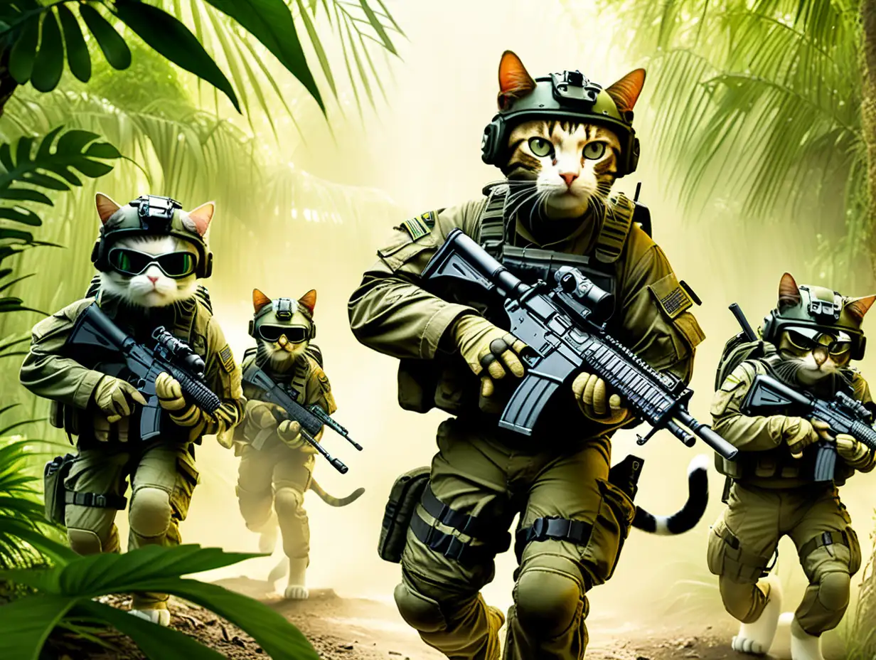A squad of Humanoid style Cats dressed in special ops military gear with helmets, sneaking through light jungle with camo paint on faces