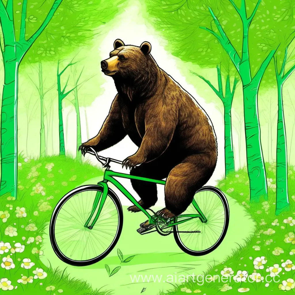 медведь едет на велосипеде по весеннему парку, яркие зеленые оттенки