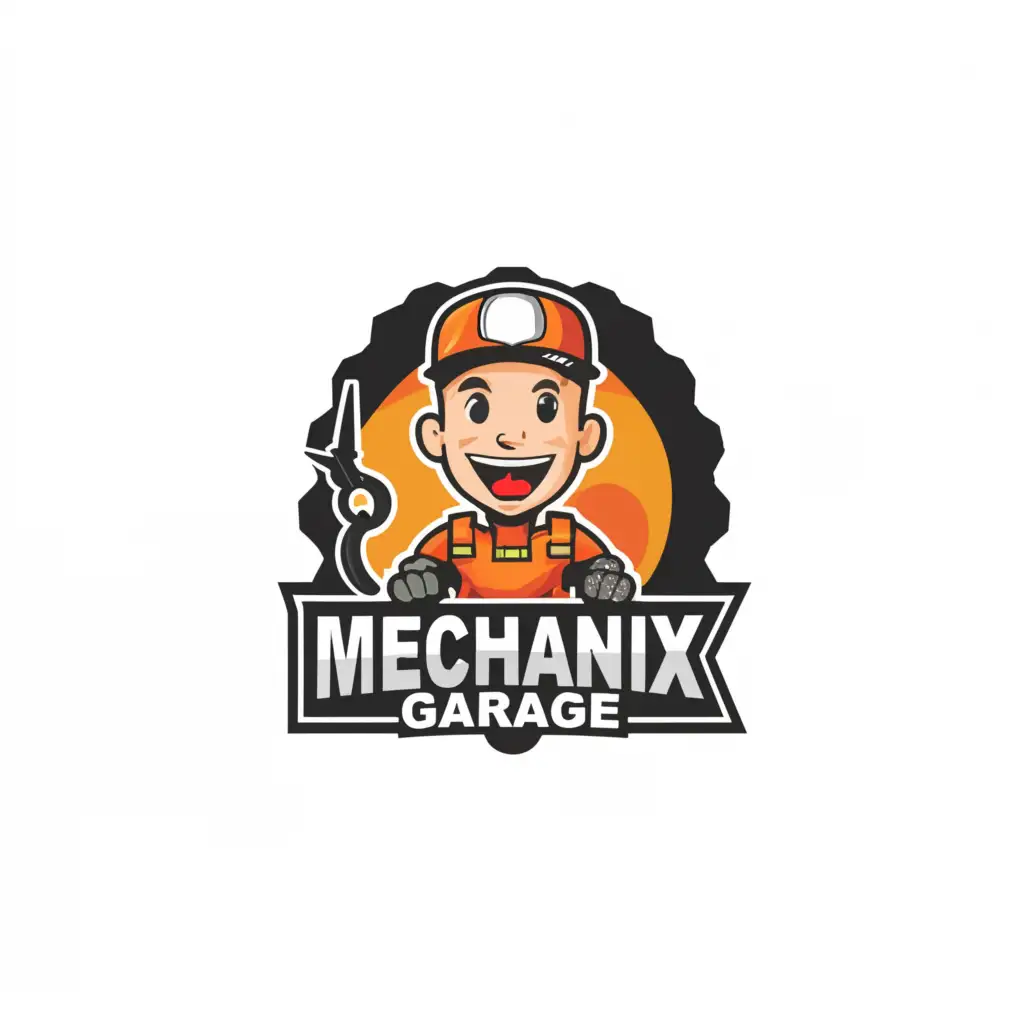 a logo design,with the text "MechanixGarage", main symbol:Cartoon personage repair car,complex,be used in Automotive industry,clear background