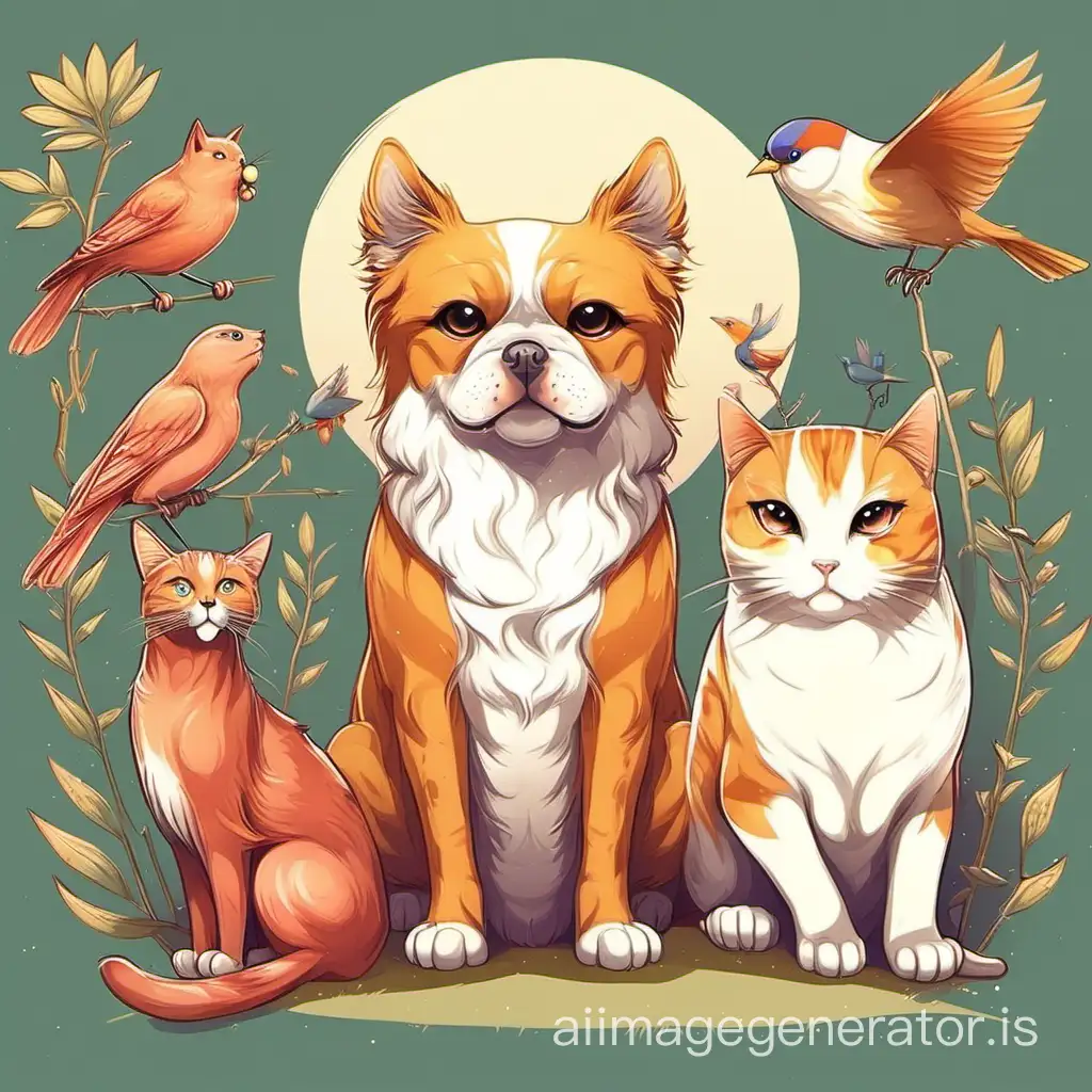 cat and dog and bird