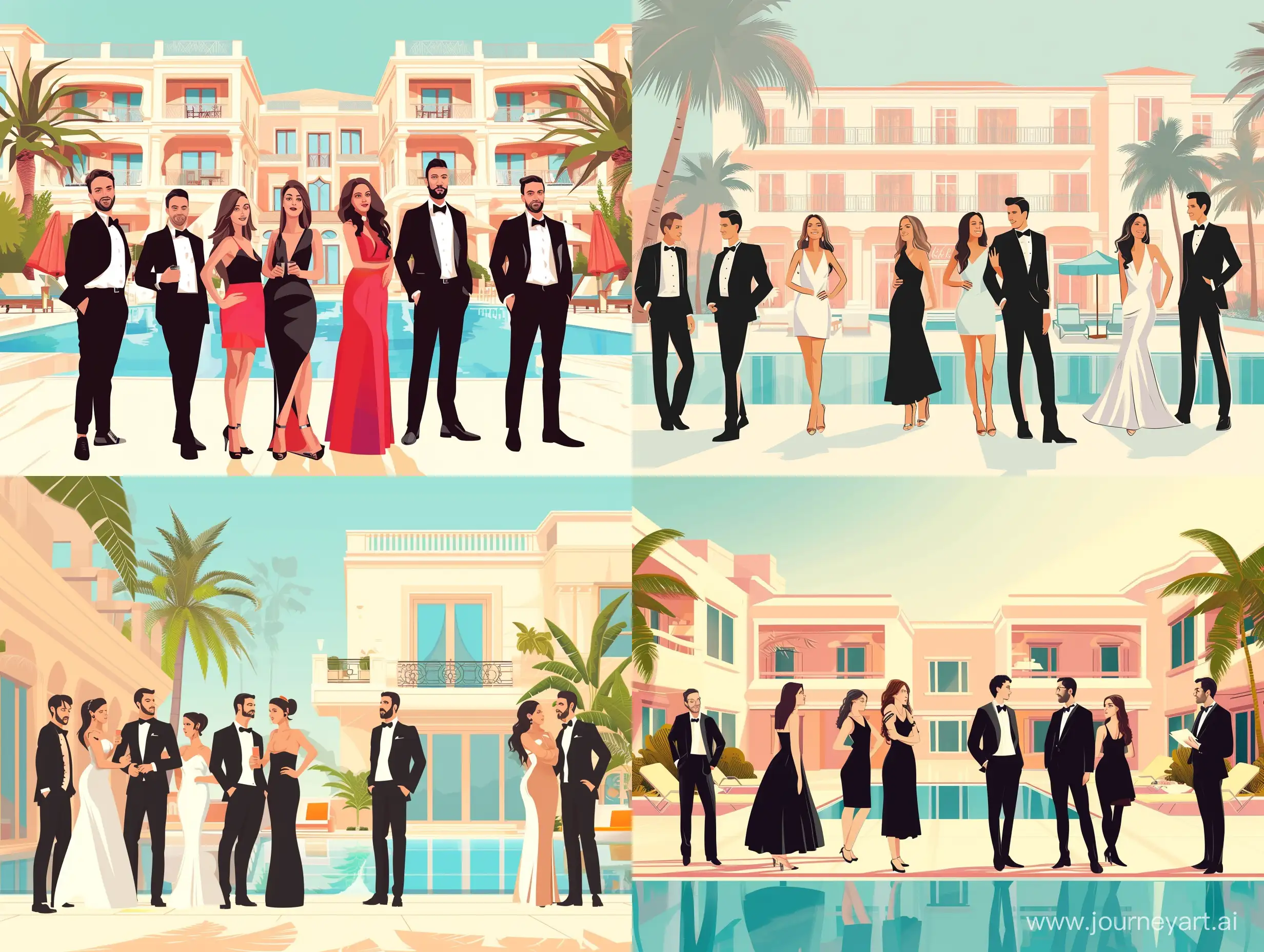 Команда ресепшен в Турции из шести человек (девушки и мужчины) в официальной одежде на фоне шикарного отеля в светлых тонах с бассейном и пальмами. тип изображения футуристический реализм