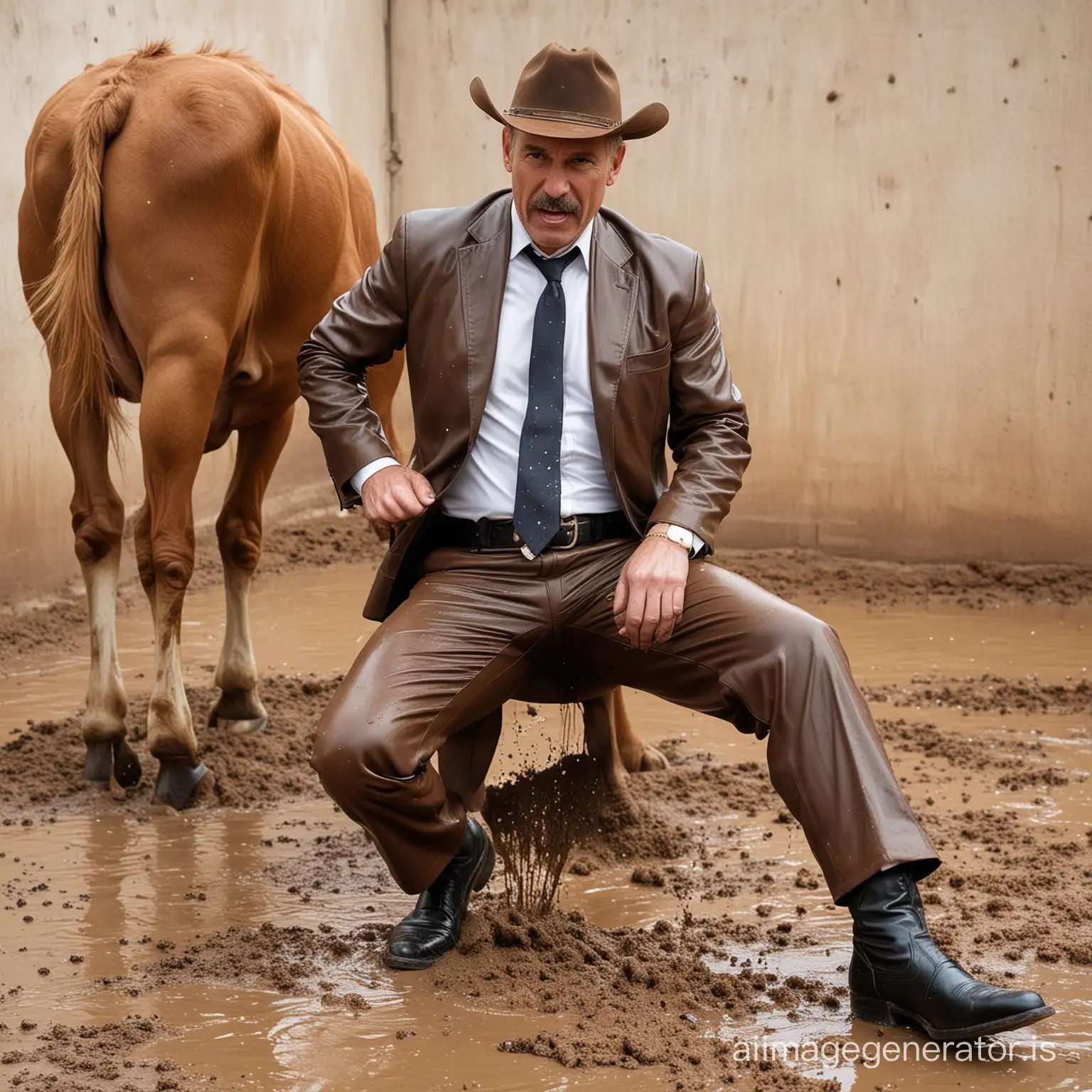 mature suited man groin kicked by a cowboy humiliated disgusted nauseated covered in liquid cow dung