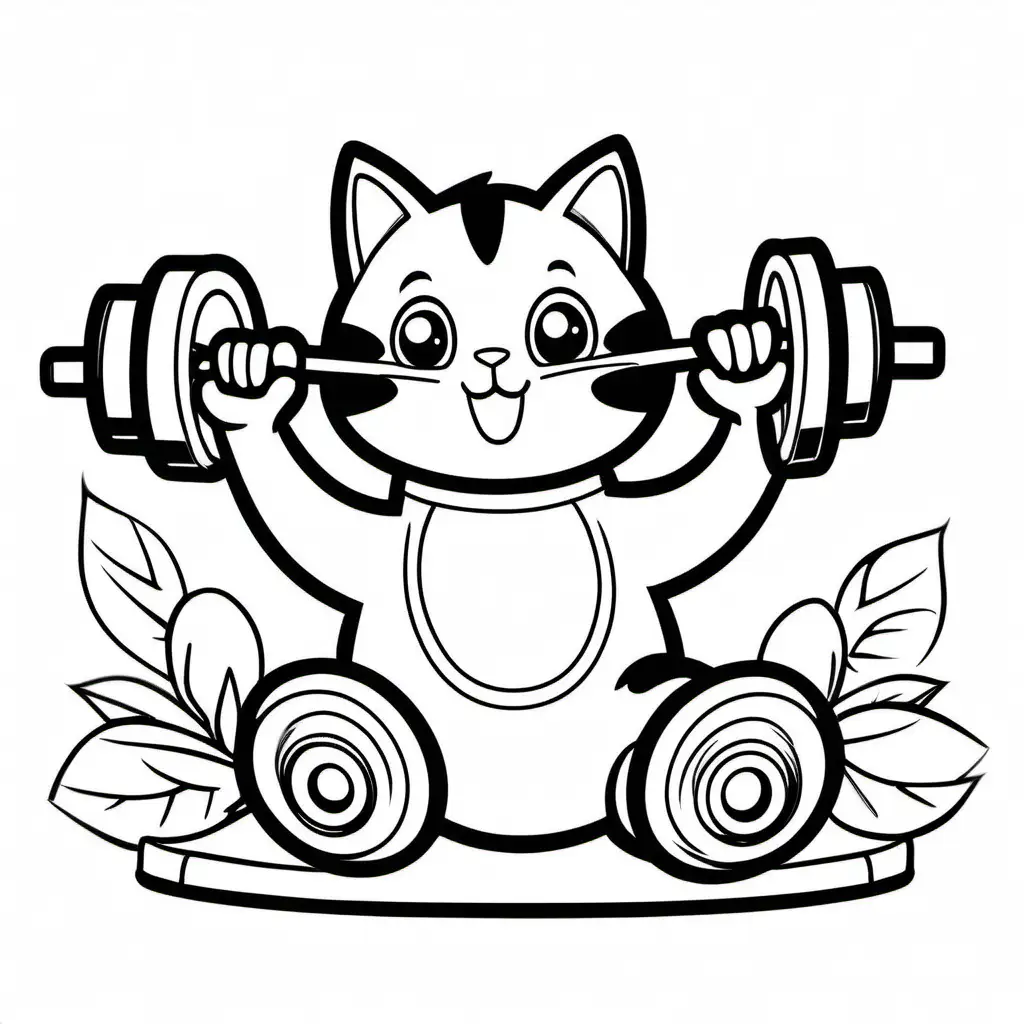 A simple cute cartoon cat lifting weights geared towards toddlers, Coloring Page, black and white, line art, white background, Simplicity, Ample White Space. The background of the coloring page is plain white to make it easy for young children to color within the lines. The outlines of all the subjects are easy to distinguish, making it simple for kids to color without too much difficulty