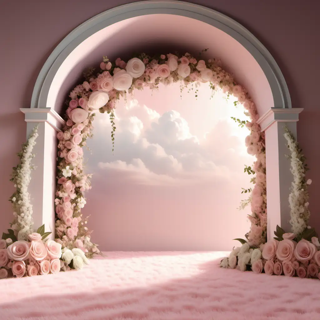 /imagine prompt: Digital background featuring dreamy heaven scene with arch cutout and lush florals | FLOORING: stage I TAGS: opulent,dreamy | COLOR PALETTE: pink and beige | LIGHTING: bright natural light | photorealistic,
