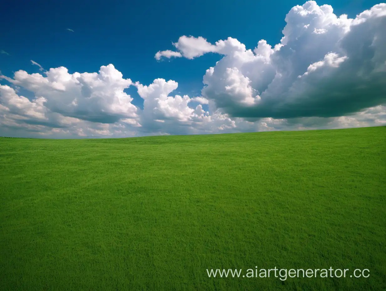 зеленая поляна, голубое небо с большими облаками