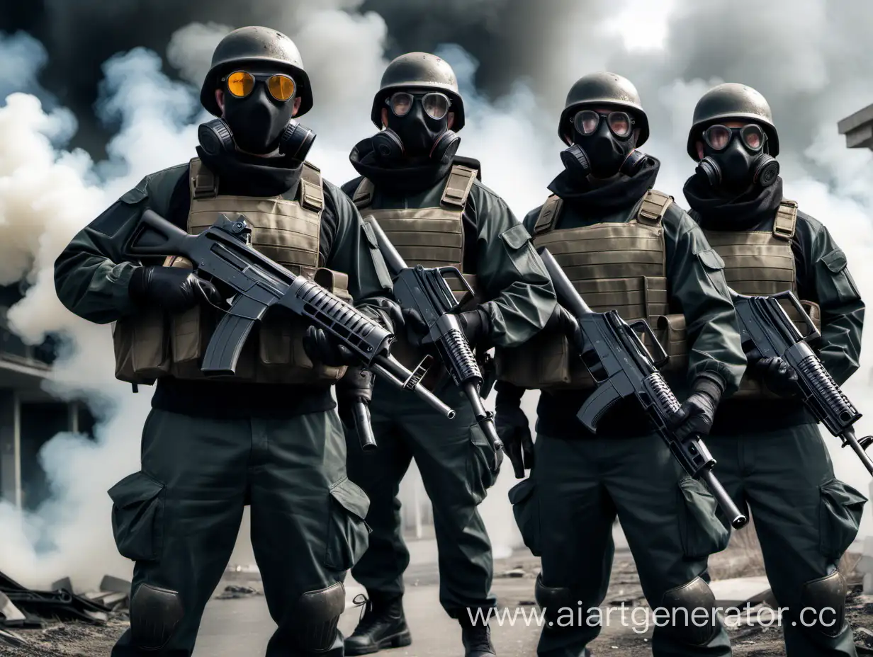 Three agents in military uniforms and helmets and gas masks (First with VEPR-12 shotgun, Second with assault rifle, Third with submachine gun)