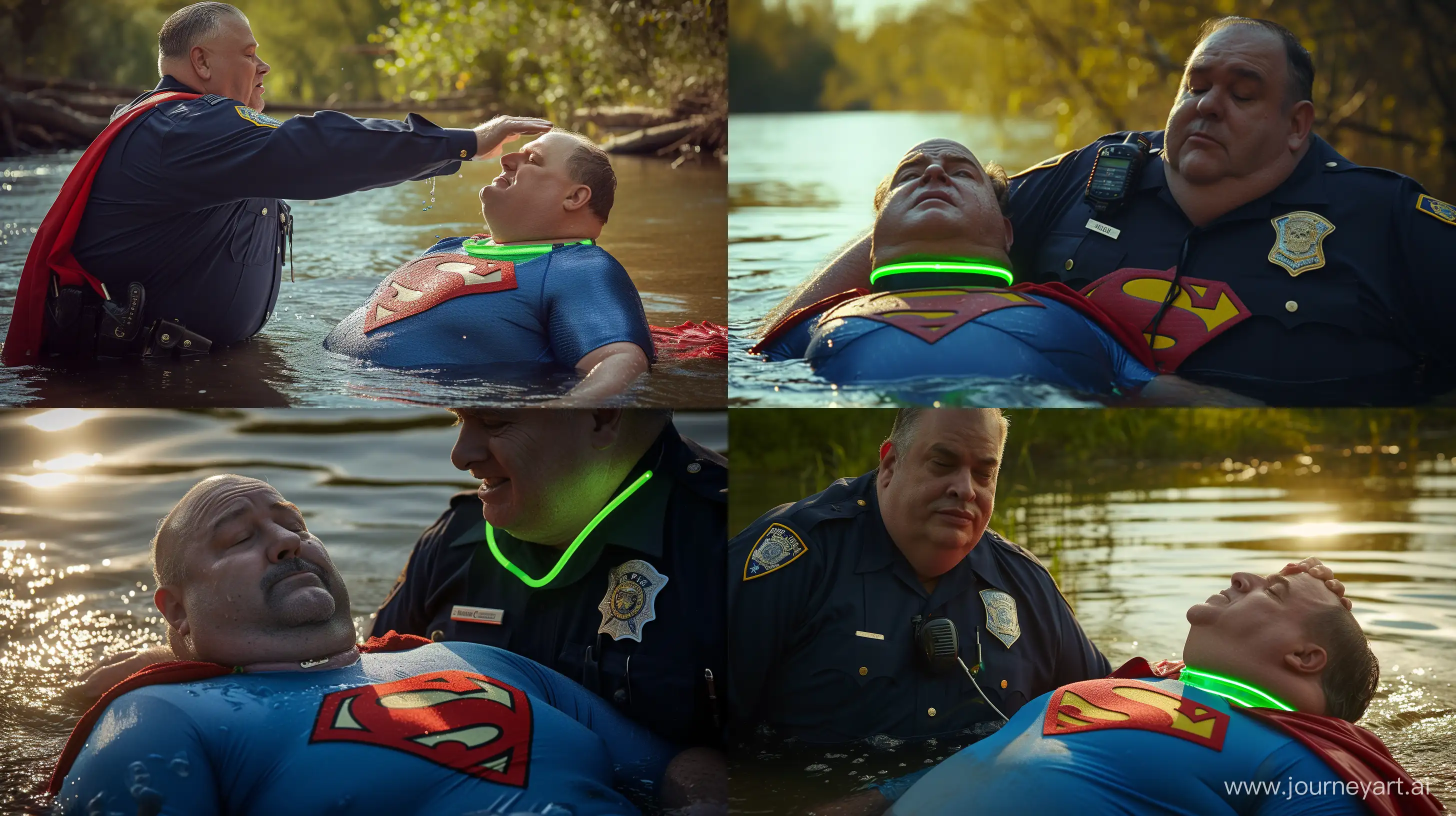 Close-up photo of a fat man aged 60 wearing a navy police uniform. Pulling the head of a fat man aged 60 wearing a tight blue 1978 smooth superman costume with a red cape and a tight green glowing neon dog collar lying in the water. Natural Light. River. --style raw --ar 16:9