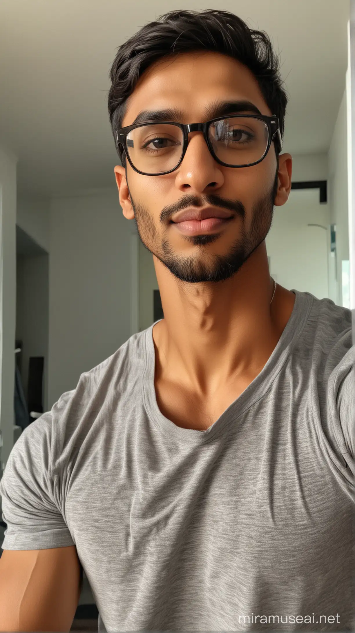 A skinny fat 24 year old dark indian male, wearing glasses,  taking mirror selfie with phone after a gym session