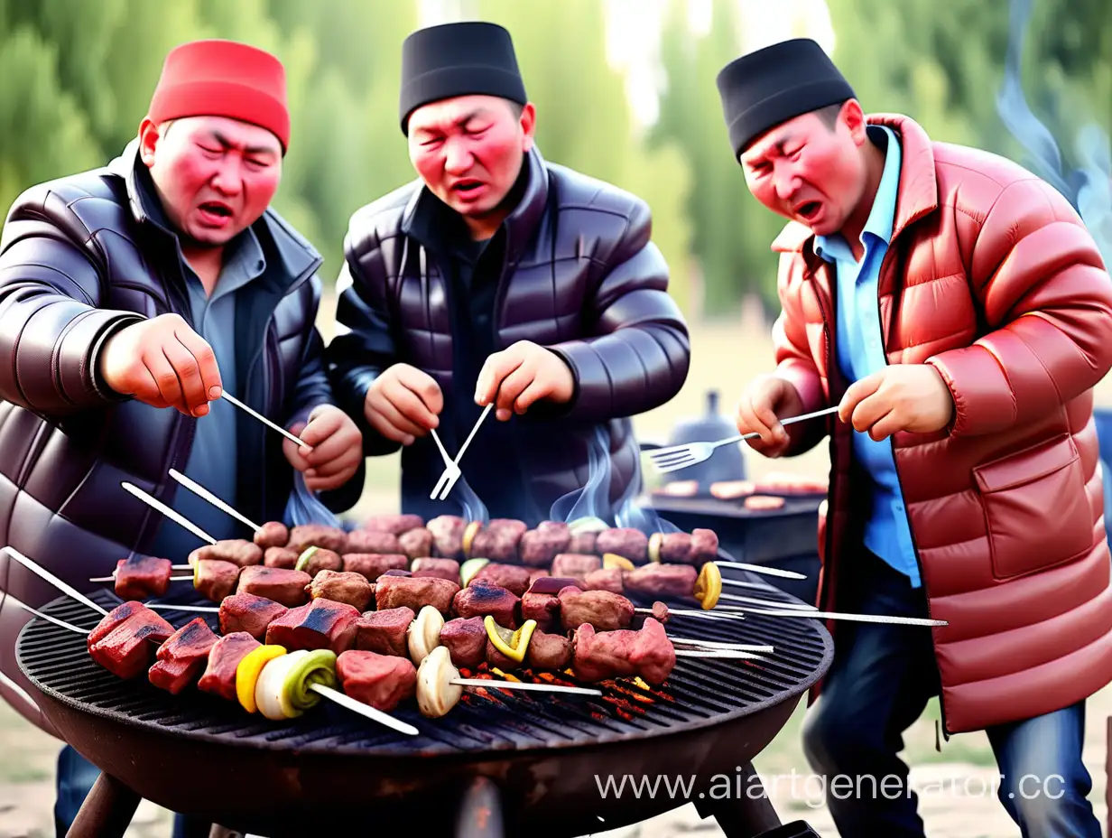 Пьяные киргизы жарят шашлык