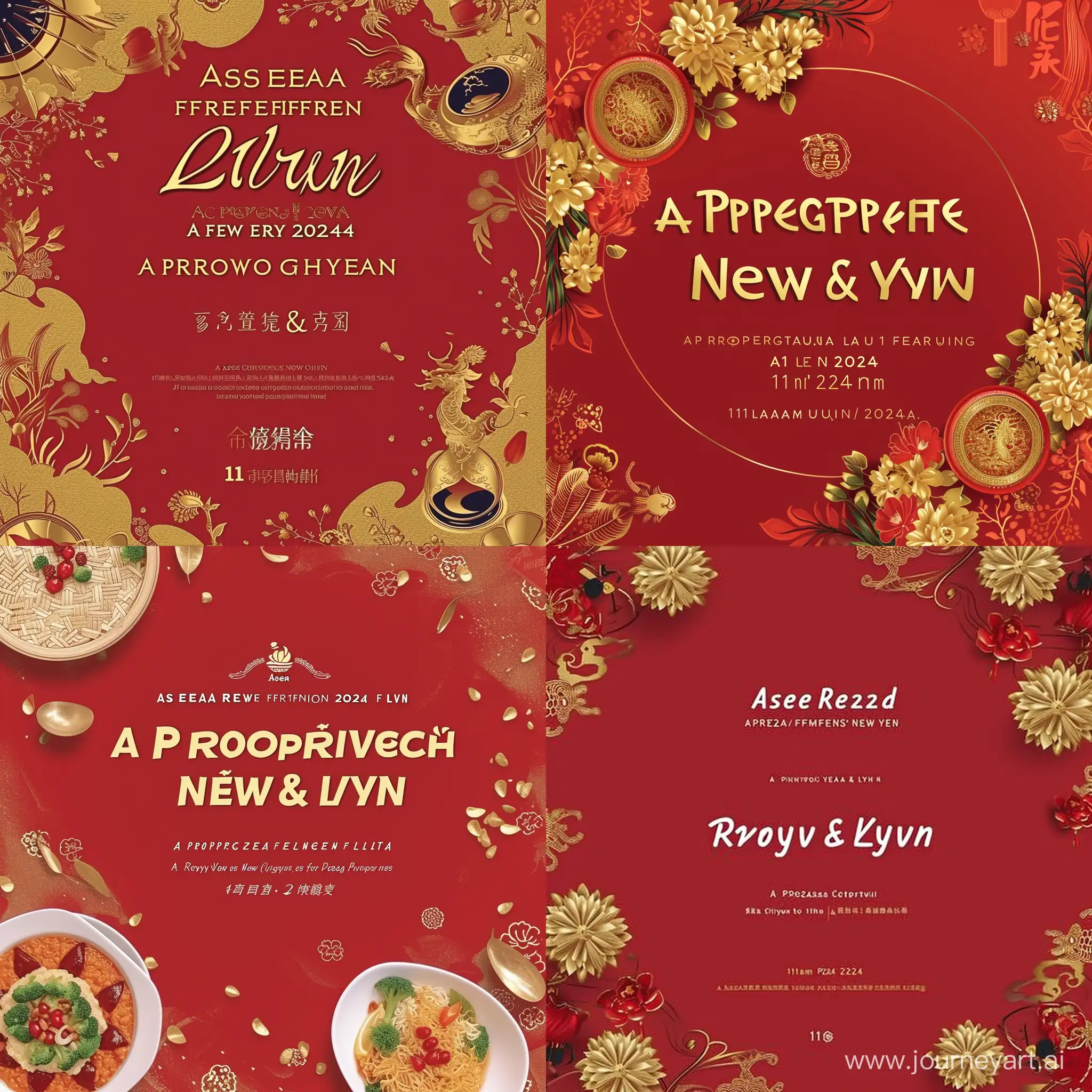 invitation card for Asean Retail Franchise federation 
chinese new year 2024 lunch.

Theme - A Prosperous Feast for Charity
Date - 21st Feb 2024
Venue - Ruyi & Lyn, Bangsar Shopping Center
Time - 11am to 3pm --v 6 --ar 1:1 --no 87591